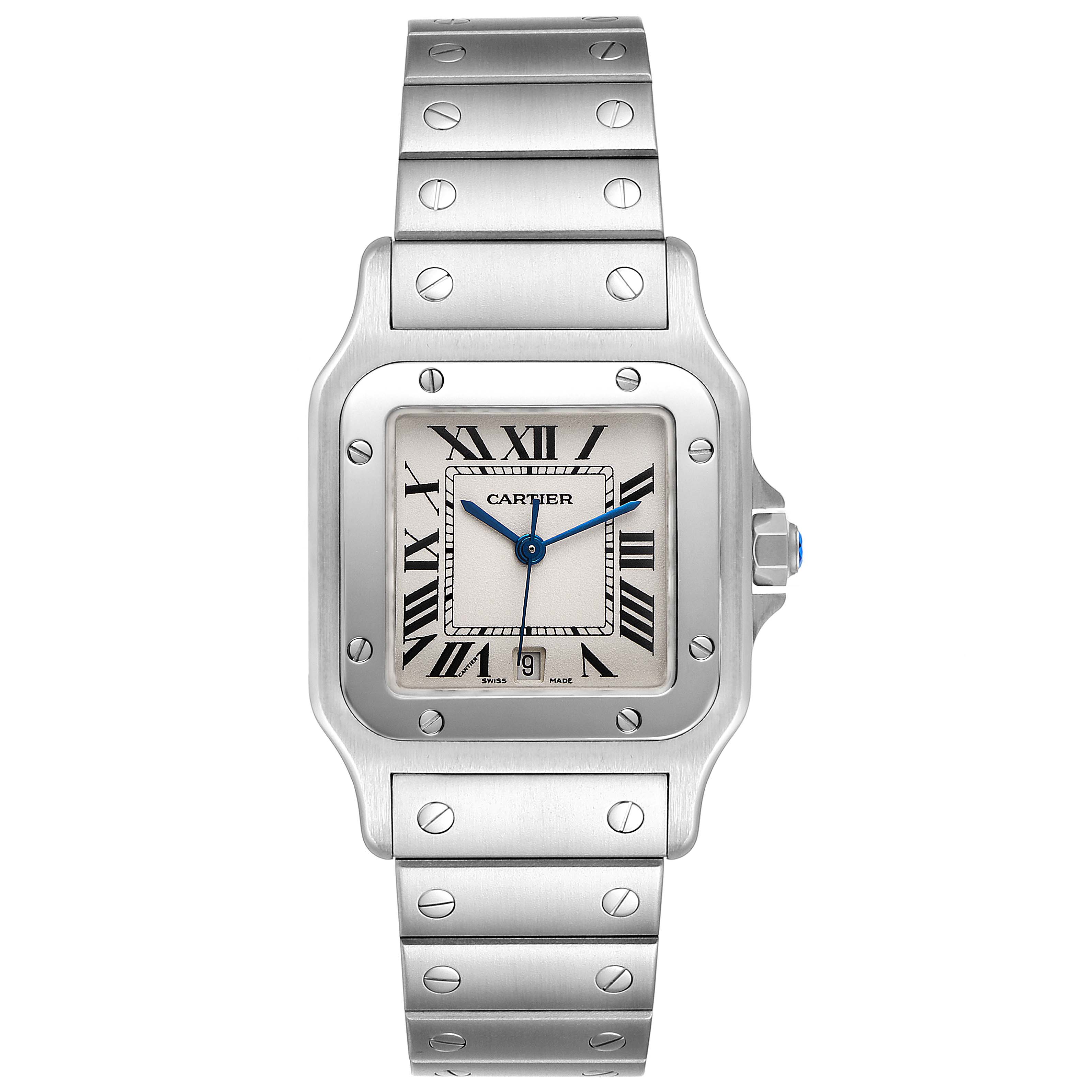 The image shows a front view of the Cartier Santos W20060D6 Men's Stainless Steel Silver Dial W20060D6 Men's Stainless Steel Silver Dial watch, featuring a stainless steel case and band with Roman numeral markers.