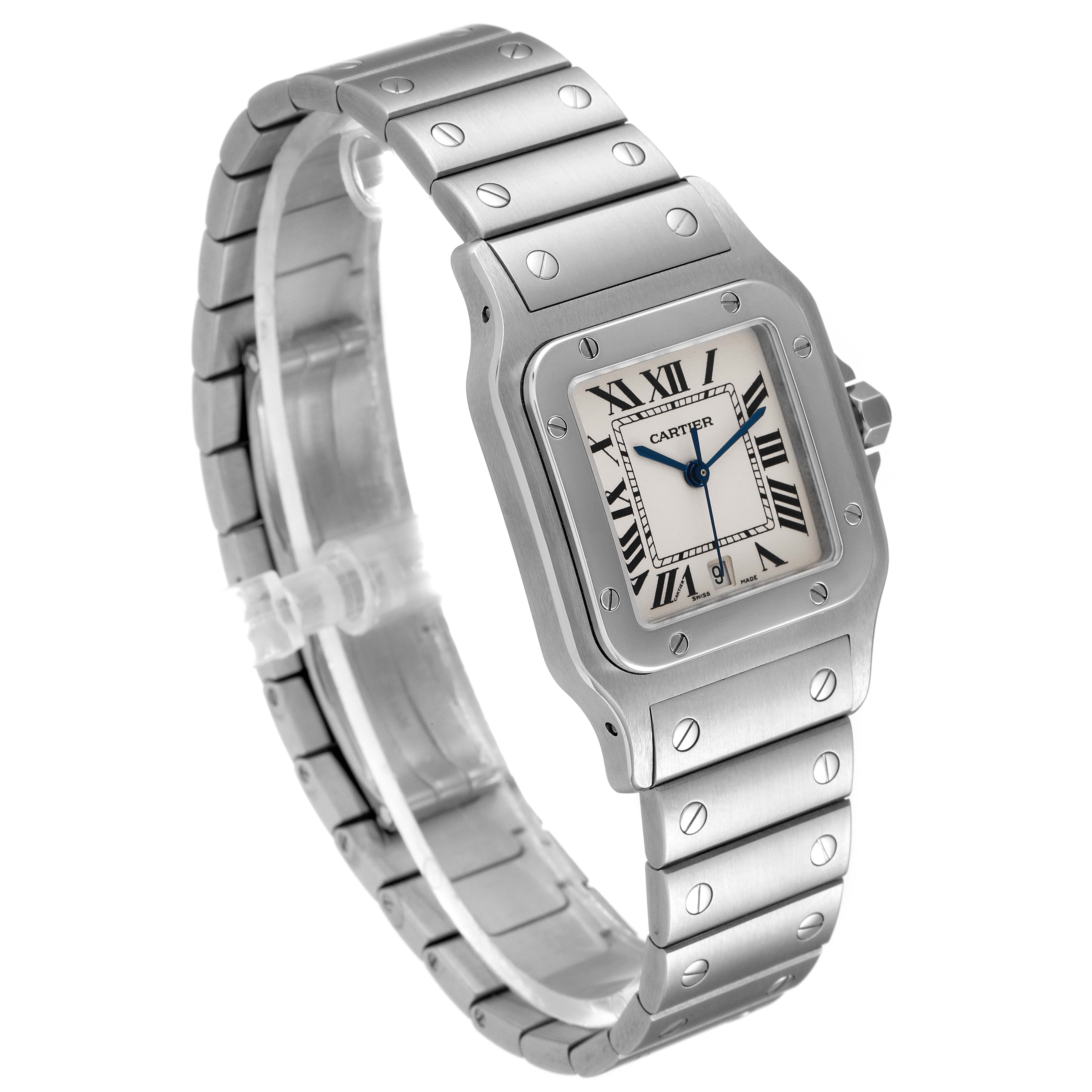This is an angled view showing the face, bezel, and bracelet of the Santos model by Cartier.