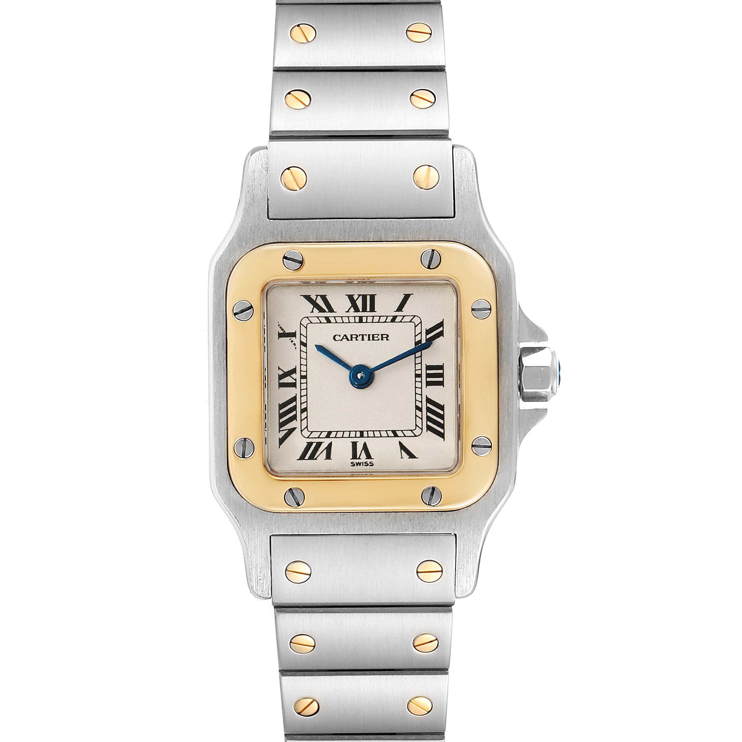 The image shows a frontal view of the Cartier Santos W20012C4 Women
s Steel and Gold (two tone) Silver Dial W20012C4 Women
s Steel and Gold (two tone) Silver Dial watch, highlighting the face, bezel, and bracelet.