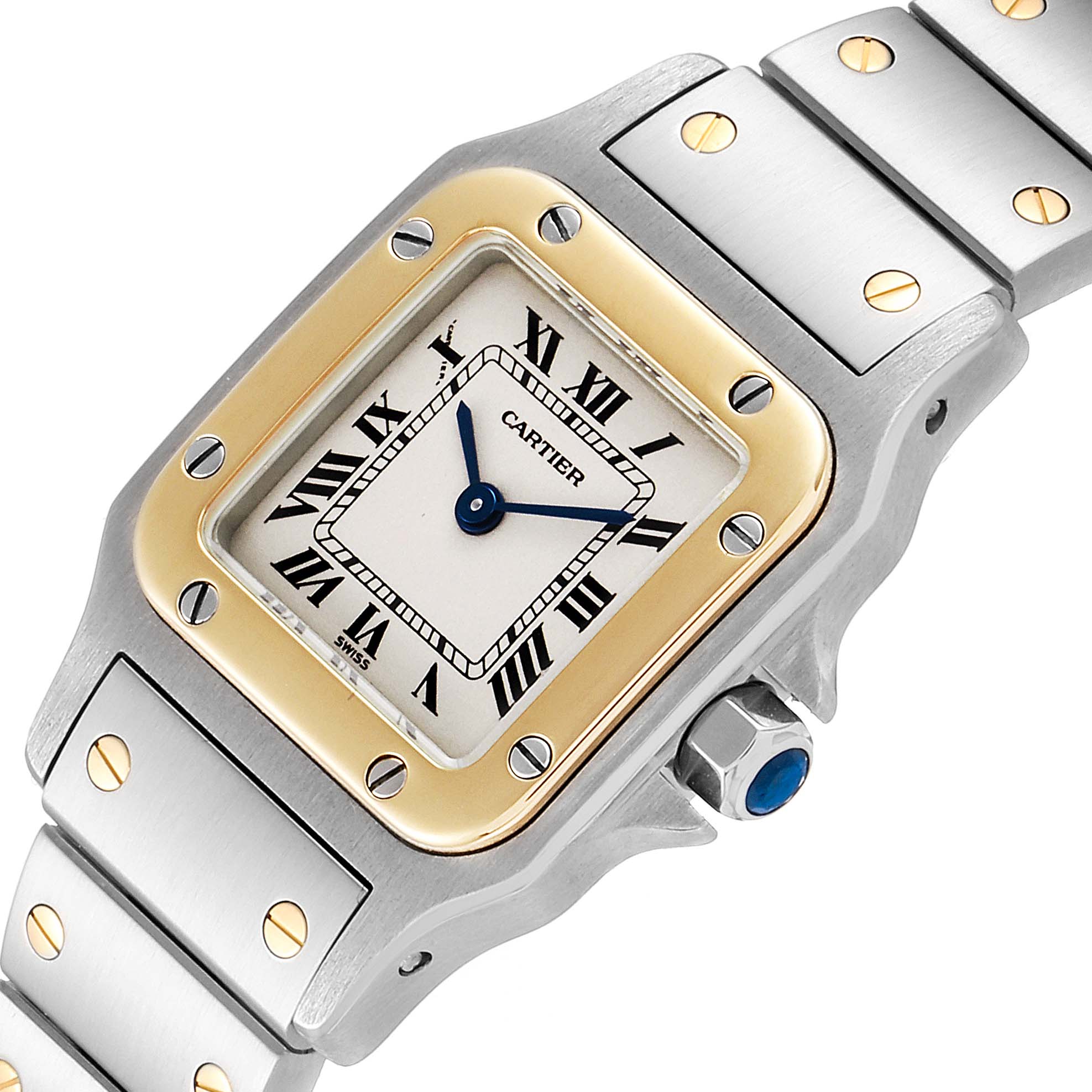 This image shows a close-up of the Cartier Santos W20012C4 Women
s Steel and Gold (two tone) Silver Dial W20012C4 Women
s Steel and Gold (two tone) Silver Dial watch, highlighting the dial, bezel, and part of the bracelet.