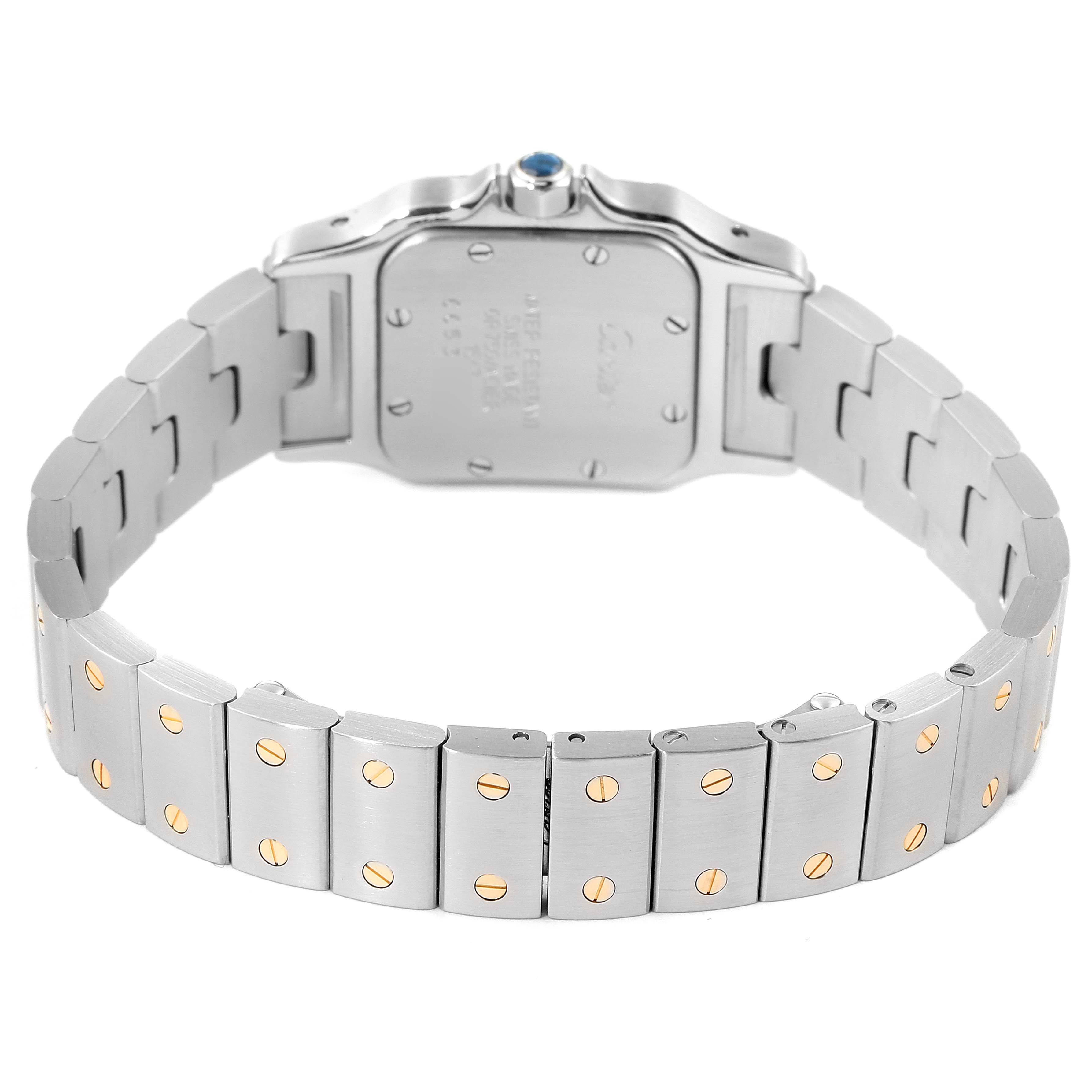 The image shows the back view of a Cartier Santos W20012C4 Women
s Steel and Gold (two tone) Silver Dial W20012C4 Women
s Steel and Gold (two tone) Silver Dial watch, highlighting its stainless steel bracelet with gold screws.