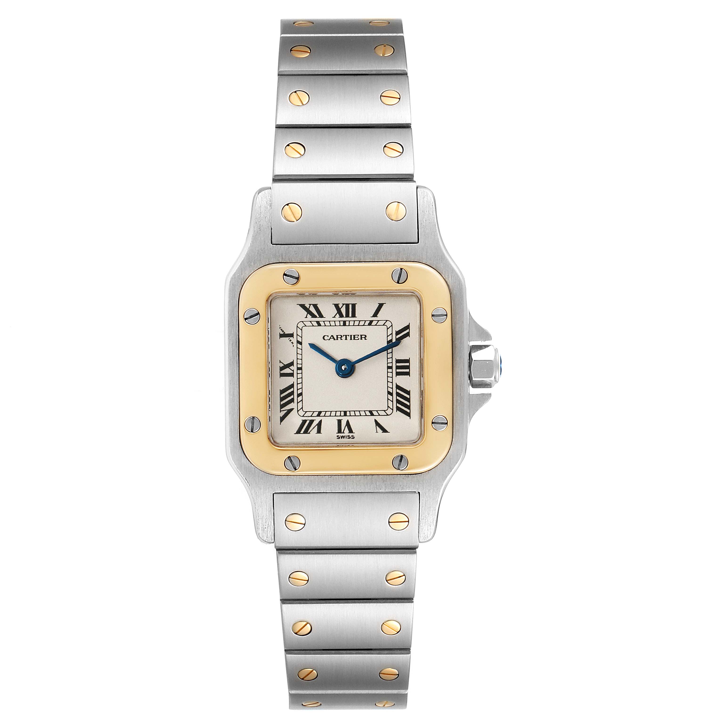 The Cartier Santos W20012C4 Women
s Steel and Gold (two tone) Silver Dial W20012C4 Women
s Steel and Gold (two tone) Silver Dial watch is shown from a front angle, displaying its square dial, metal bracelet, and gold accents.
