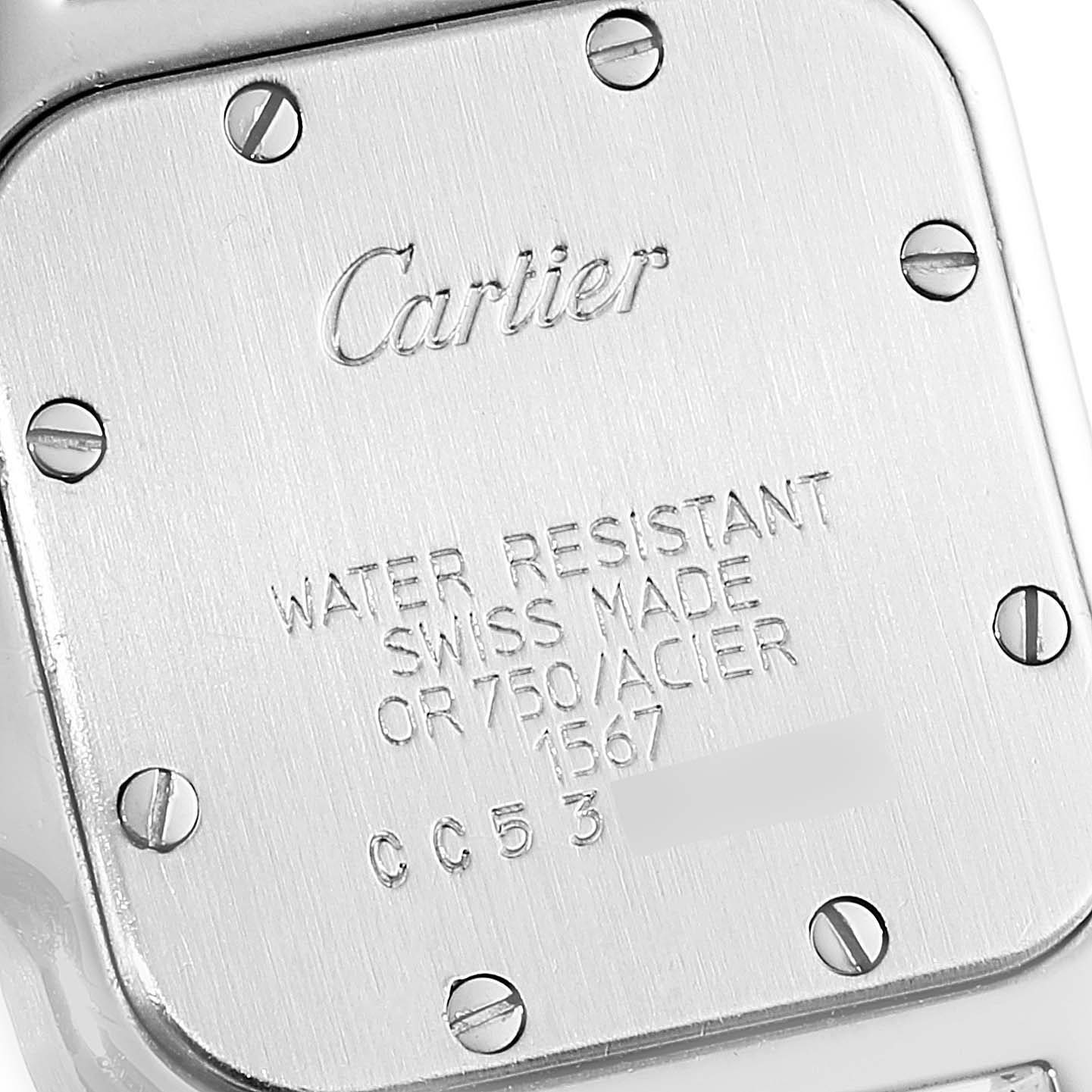 The image shows the backside of the Santos model by Cartier, highlighting the brand engraving and watch specifications.