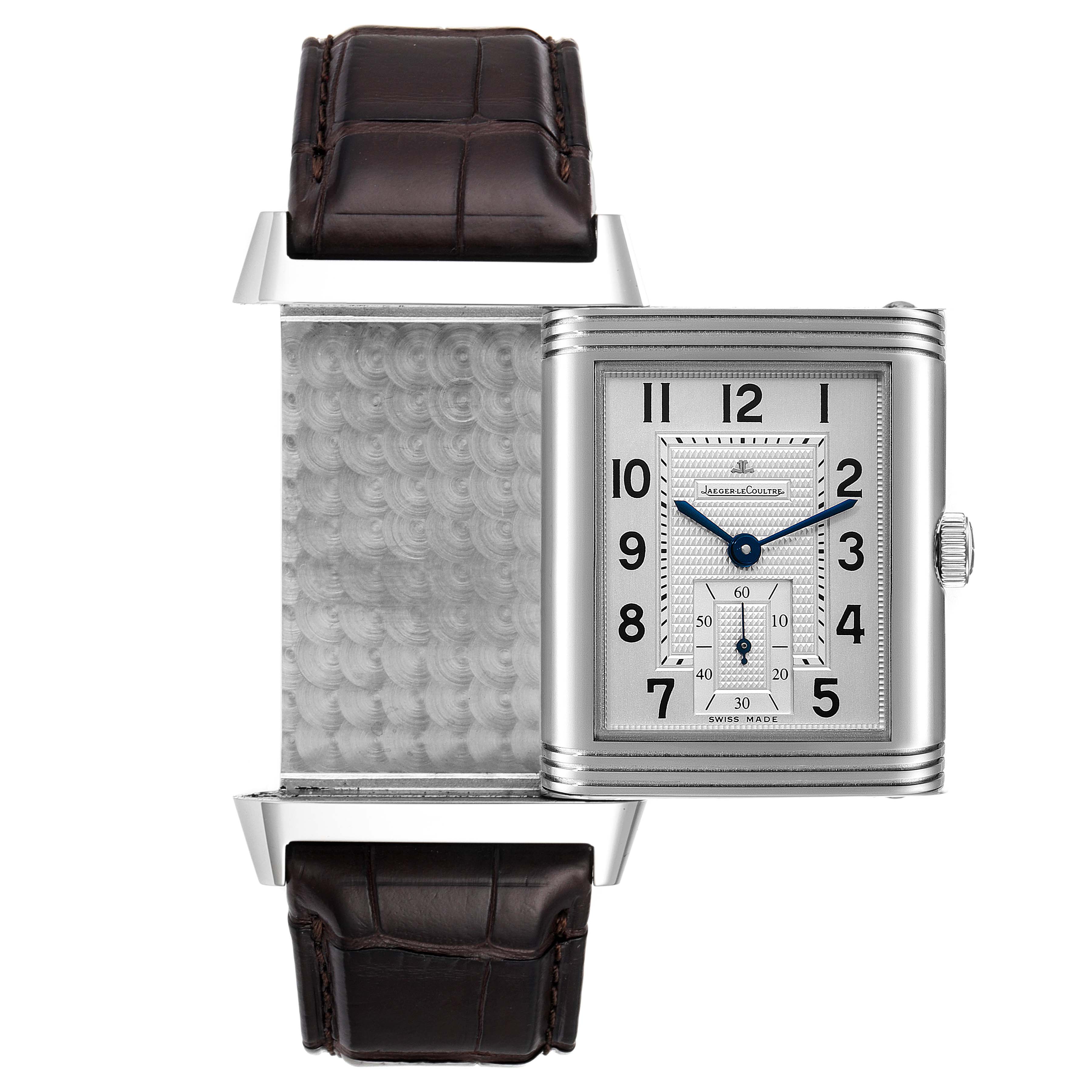 The image shows a Jaeger LeCoultre Reverso Q3738420 Men's Stainless Steel Silver Dial Q3738420 Men's Stainless Steel Silver Dial watch with its case rotated to display both the face and the back.