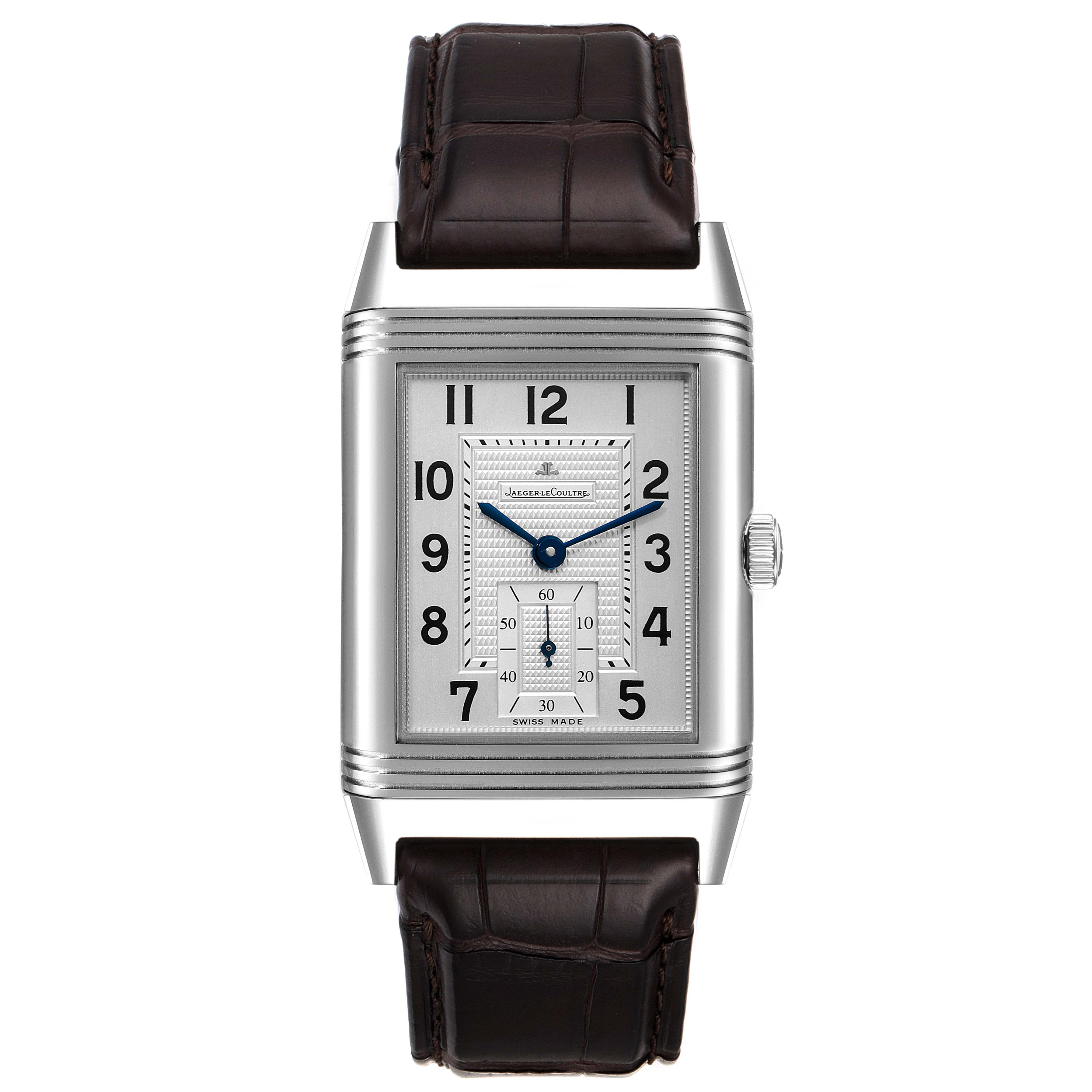 This image shows a front view of a Jaeger LeCoultre Reverso Q3738420 Men's Stainless Steel Silver Dial Q3738420 Men's Stainless Steel Silver Dial watch with a silver rectangular dial and a dark leather strap.