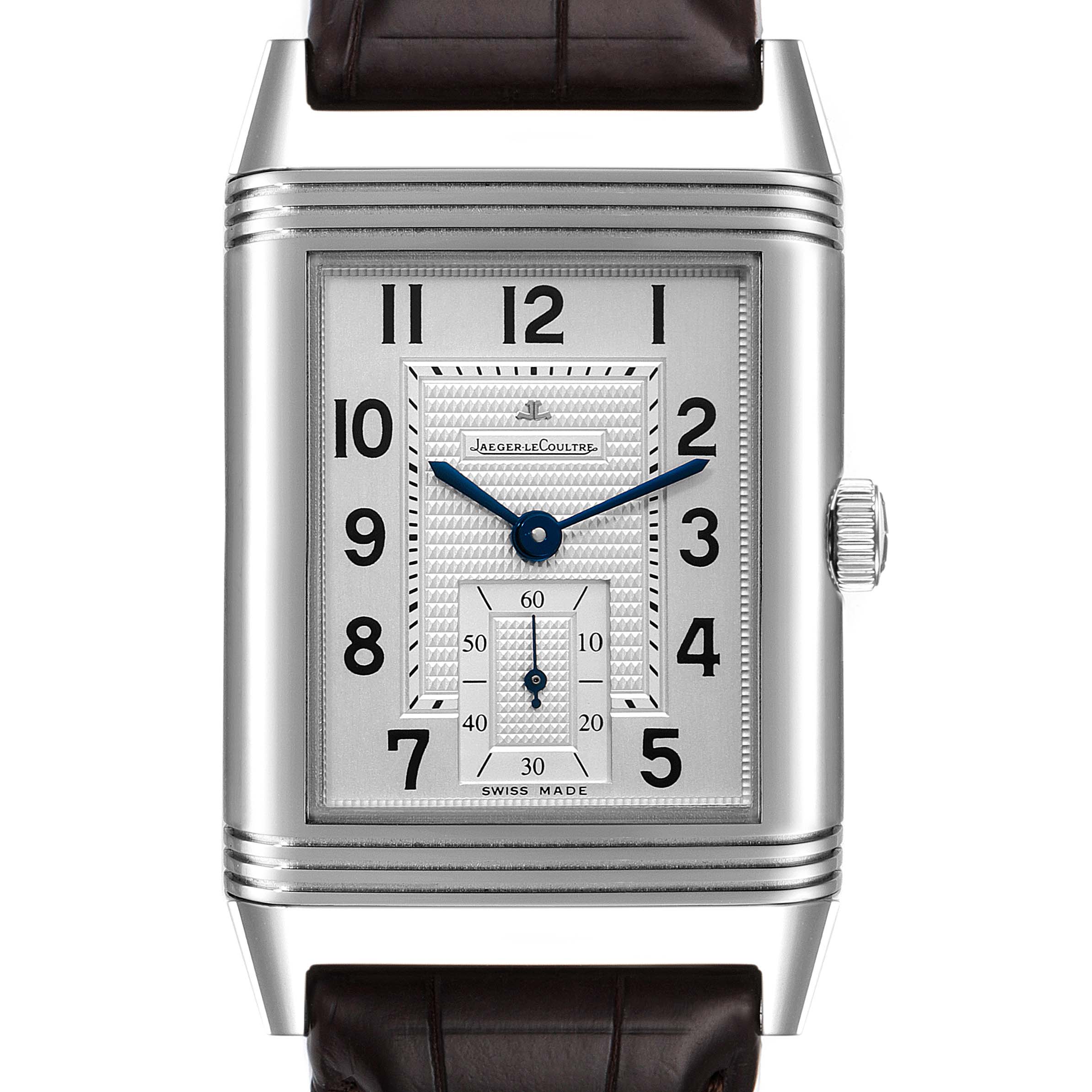 This image shows a front view of a Jaeger LeCoultre Reverso Q3738420 Men's Stainless Steel Silver Dial Q3738420 Men's Stainless Steel Silver Dial watch, highlighting the dial, numerals, hands, and a portion of the strap.