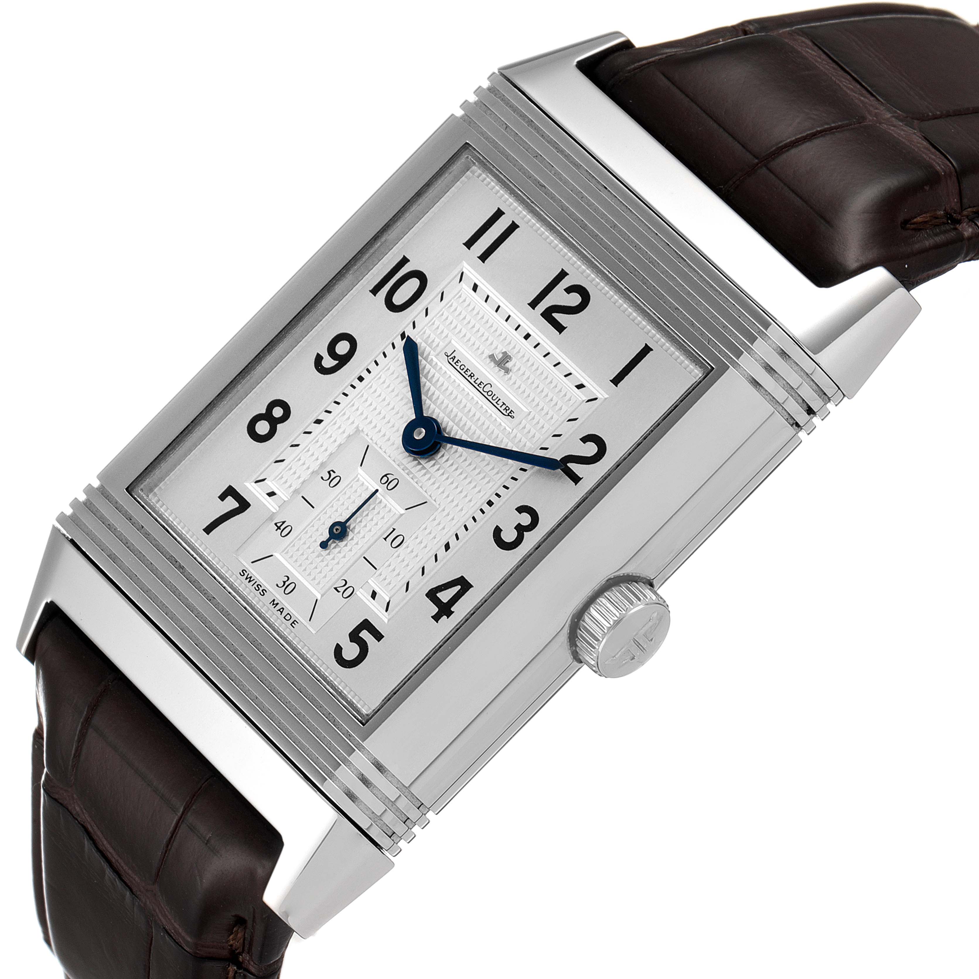 The image shows a Jaeger LeCoultre Reverso Q3738420 Men's Stainless Steel Silver Dial Q3738420 Men's Stainless Steel Silver Dial watch at an angled view displaying the face, crown, and leather strap.