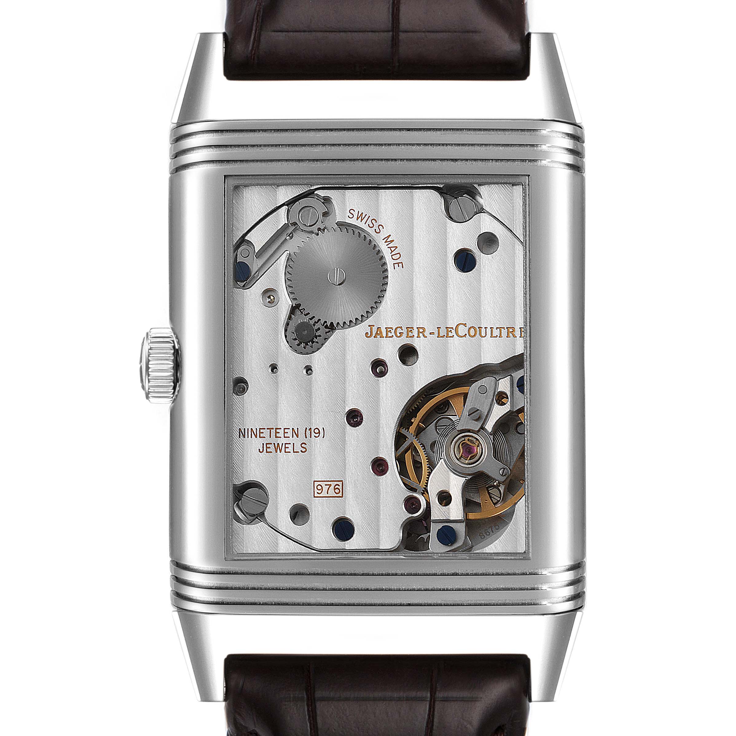 The image shows the back view of the Jaeger LeCoultre Reverso Q3738420 Men's Stainless Steel Silver Dial Q3738420 Men's Stainless Steel Silver Dial watch, displaying its mechanical movement inside.