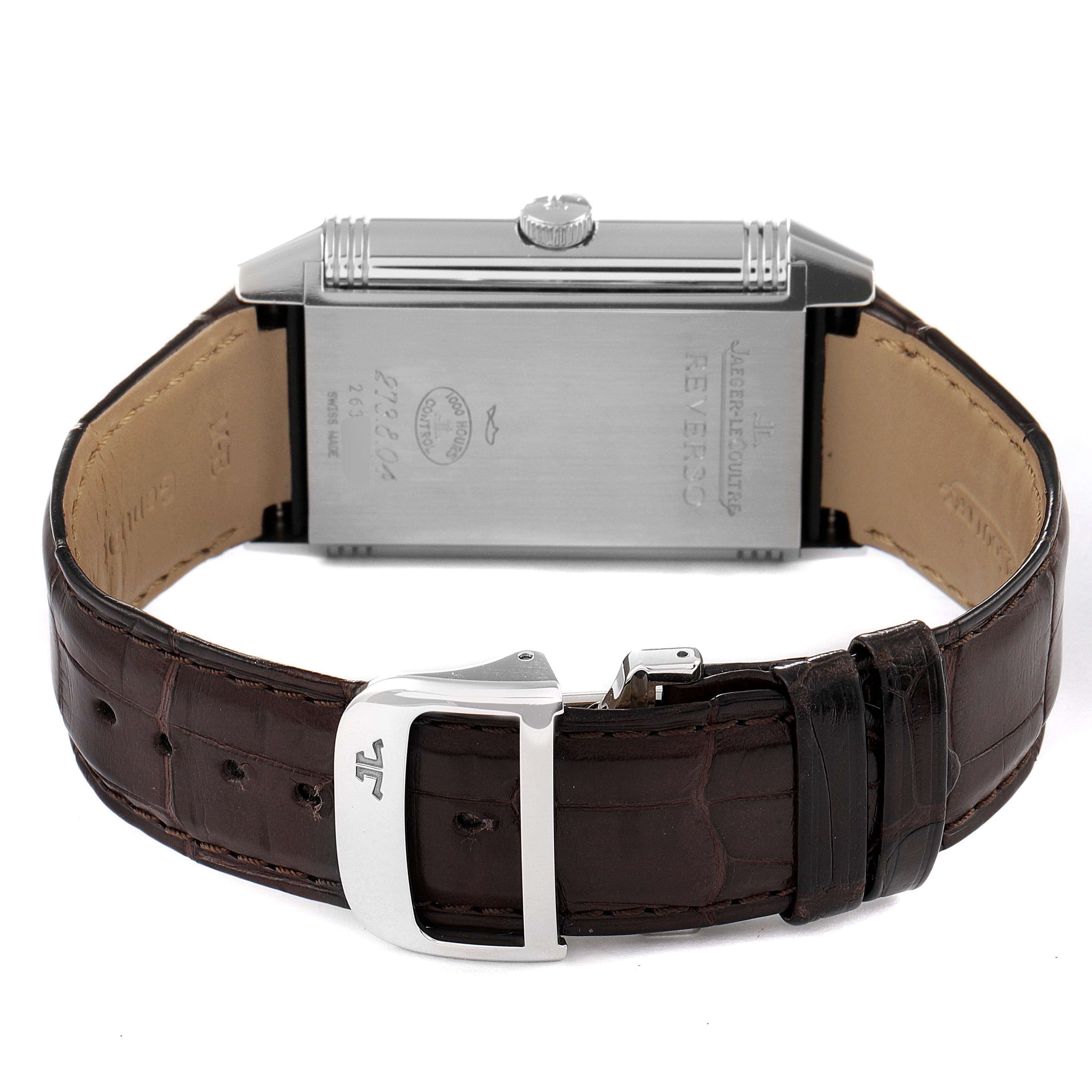 The image shows the rear view of a Jaeger LeCoultre Reverso Q3738420 Men's Stainless Steel Silver Dial Q3738420 Men's Stainless Steel Silver Dial watch, displaying its strap, buckle, and case back.