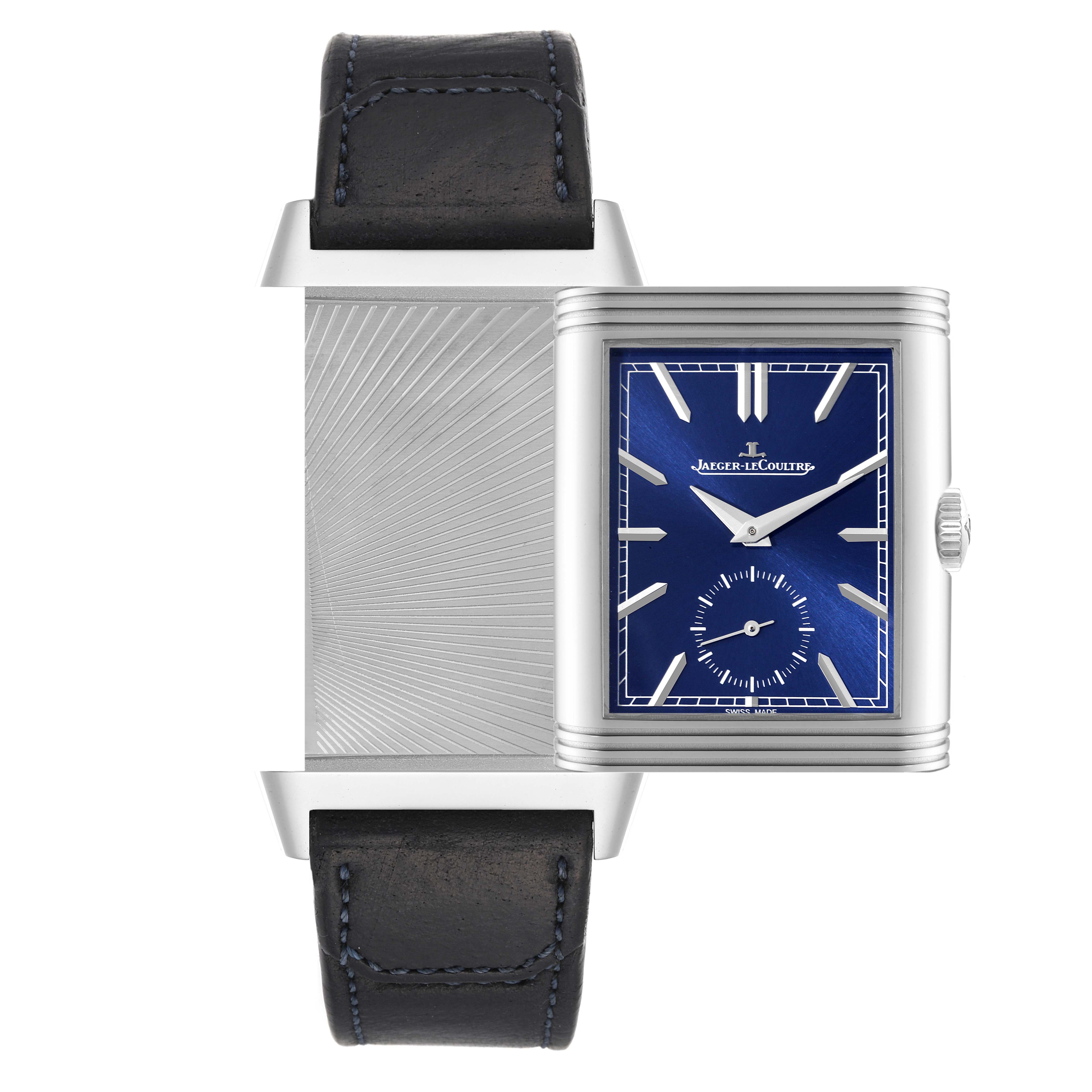 The image shows the Jaeger LeCoultre Reverso Q3988482 Men's Stainless Steel Blue Dial Q3988482 Men's Stainless Steel Blue Dial watch from a front angle, displaying both the front dial and the reverse side.