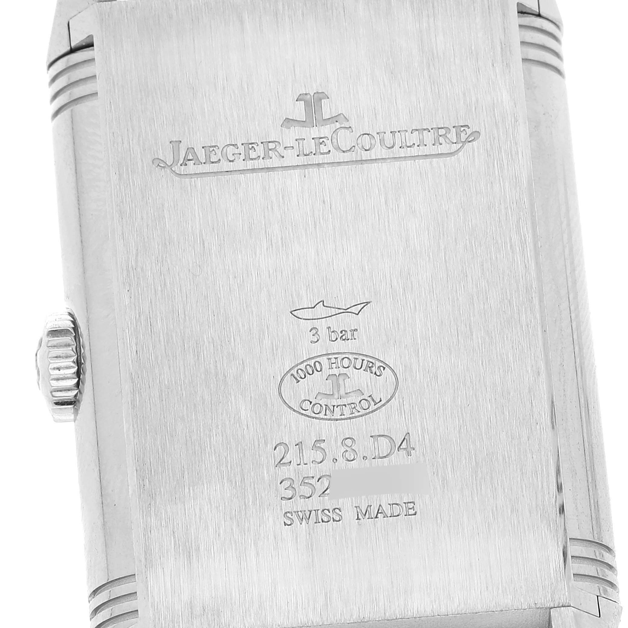 This image shows the back case of a Jaeger LeCoultre Reverso Q3988482 Men's Stainless Steel Blue Dial Q3988482 Men's Stainless Steel Blue Dial watch, displaying brand engravings and specifications.