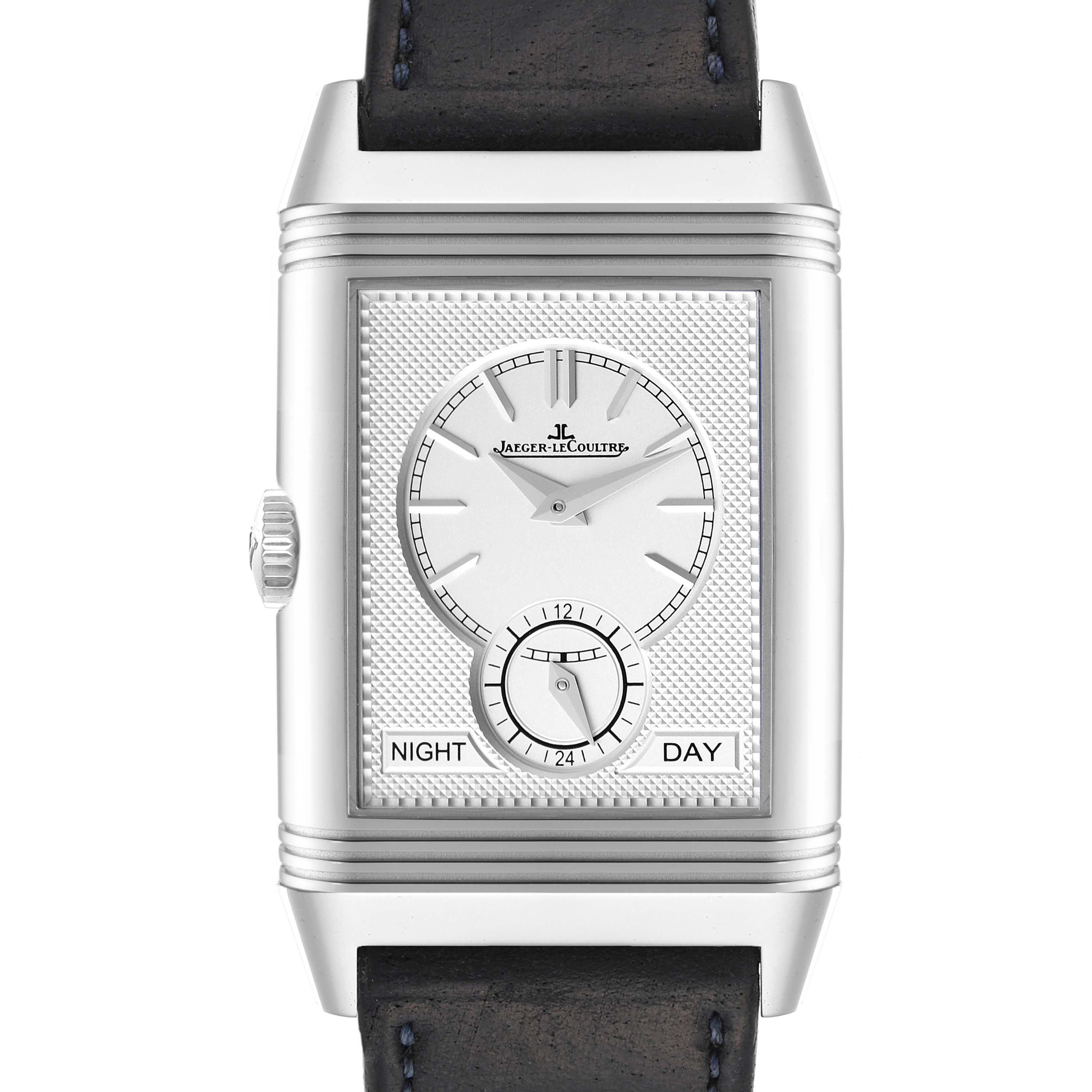 The Jaeger-LeCoultre Reverso watch is shown in a front angle, displaying its dial, case, and crown.