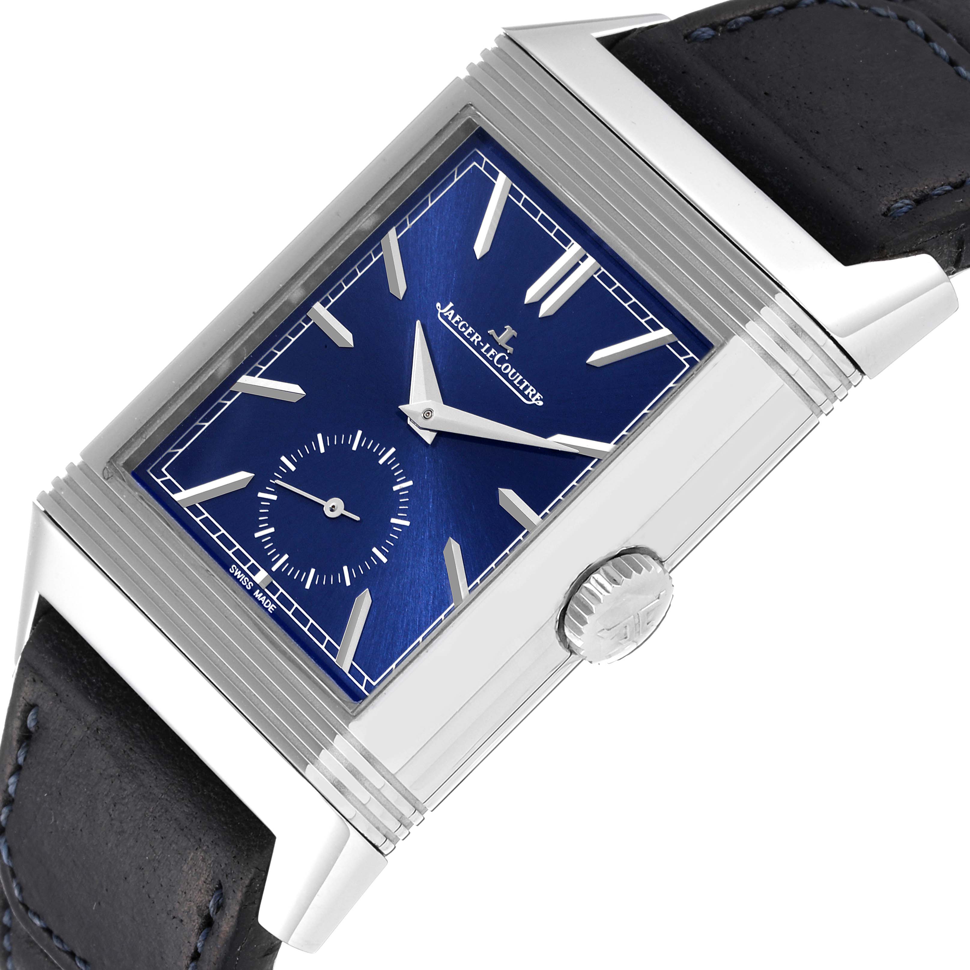 This image shows a Jaeger LeCoultre Reverso Q3988482 Men's Stainless Steel Blue Dial Q3988482 Men's Stainless Steel Blue Dial watch at an angled view, highlighting the blue dial, crown, and black strap.