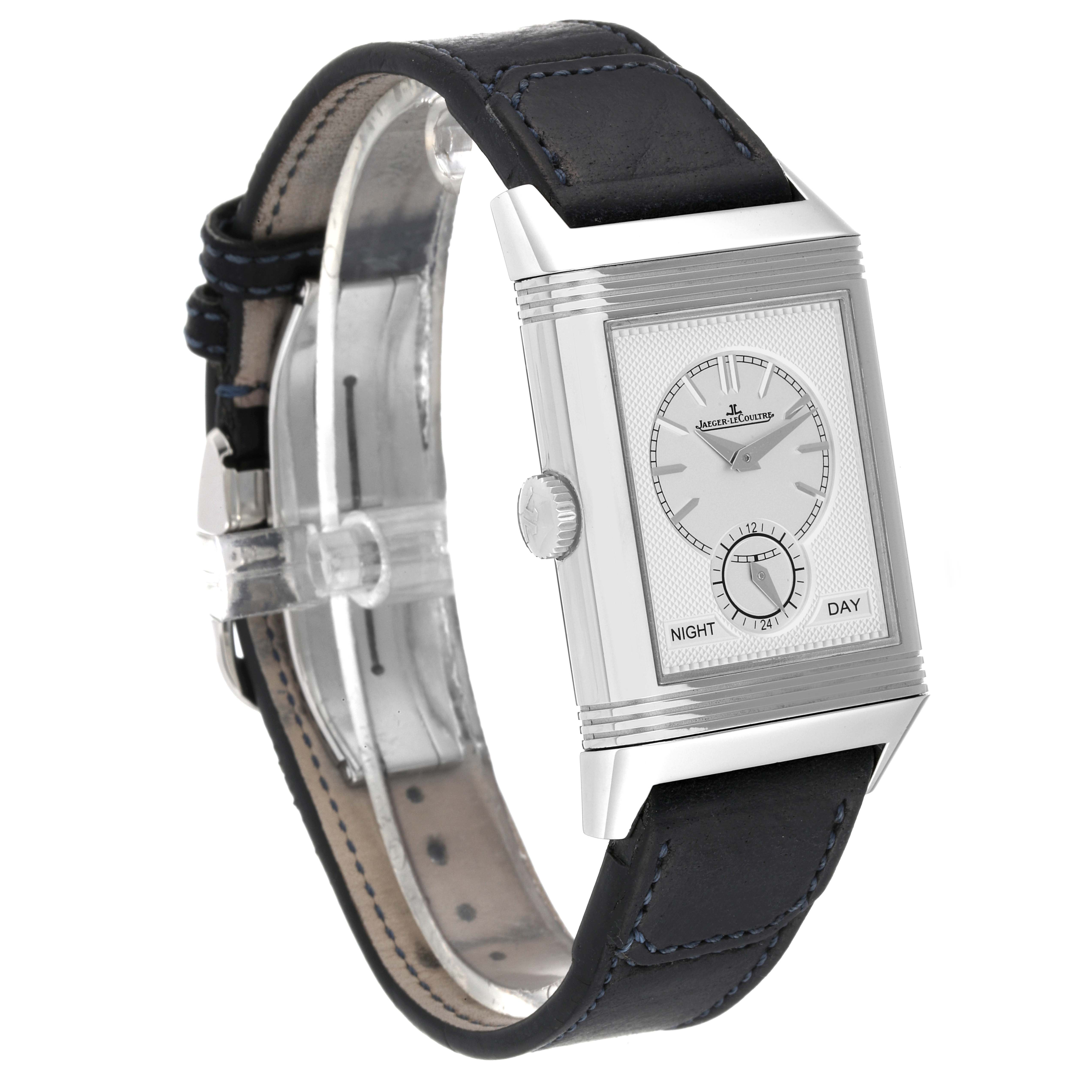 The image shows a Jaeger LeCoultre Reverso Q3988482 Men's Stainless Steel Blue Dial Q3988482 Men's Stainless Steel Blue Dial watch from an angled side view, displaying the dial, bezel, crown, and strap.