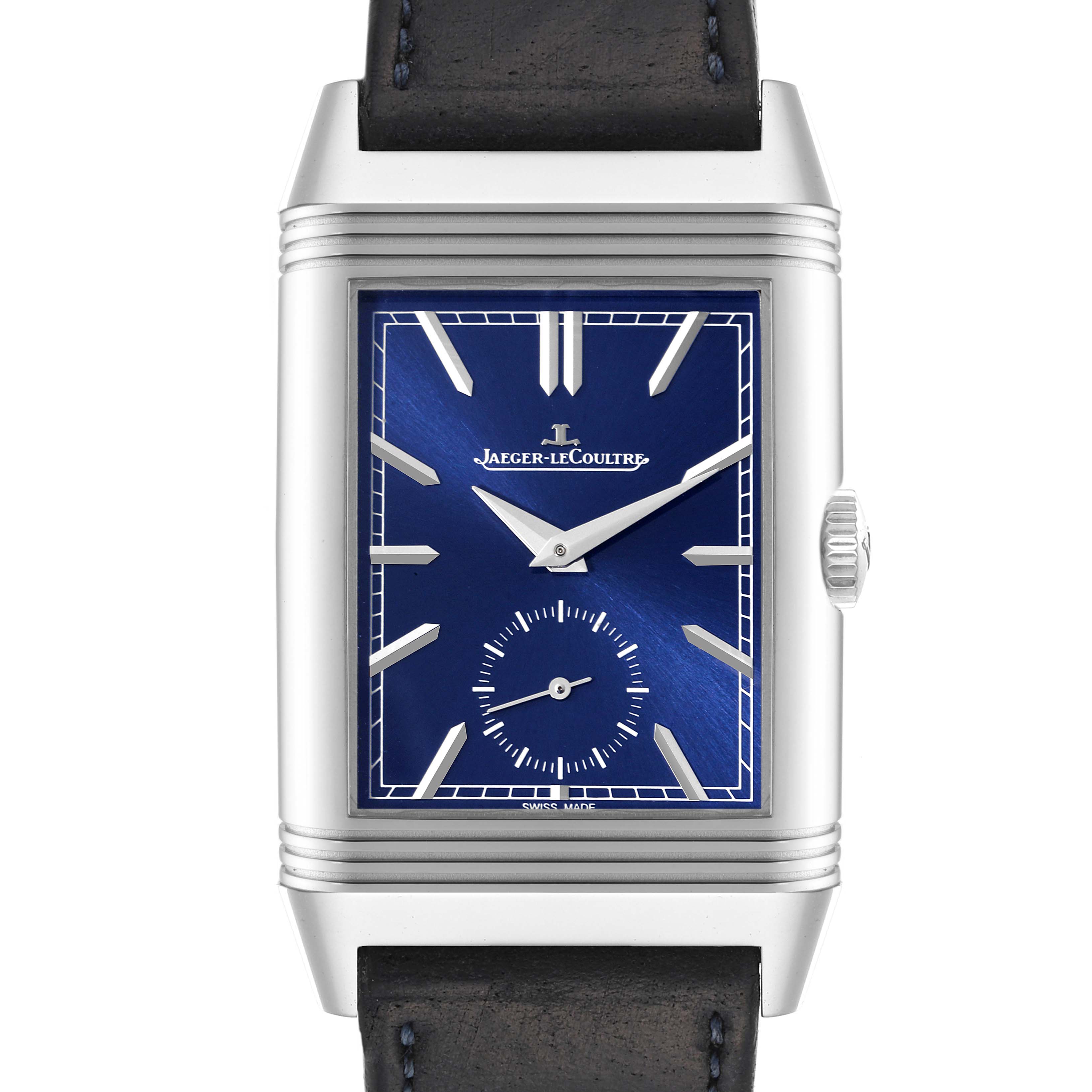 The image shows a front view of a Jaeger LeCoultre Reverso Q3988482 Men's Stainless Steel Blue Dial Q3988482 Men's Stainless Steel Blue Dial watch featuring a blue dial and black leather strap.