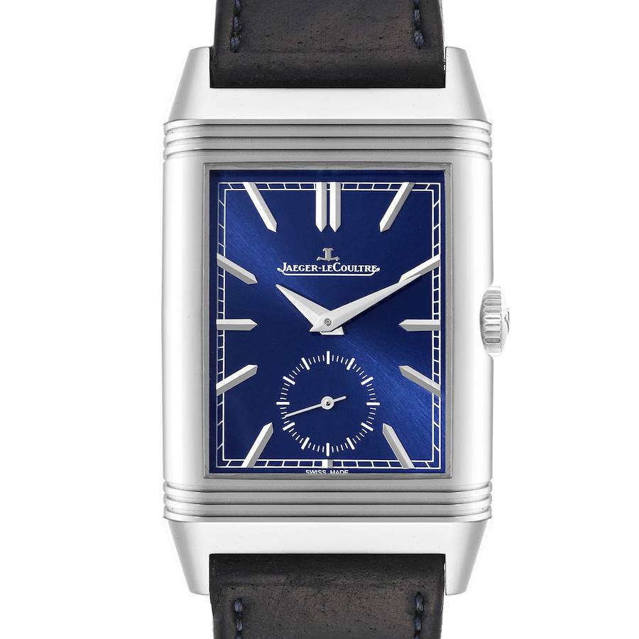 The image shows a front view of a Jaeger LeCoultre Reverso watch featuring a blue dial and black leather strap.