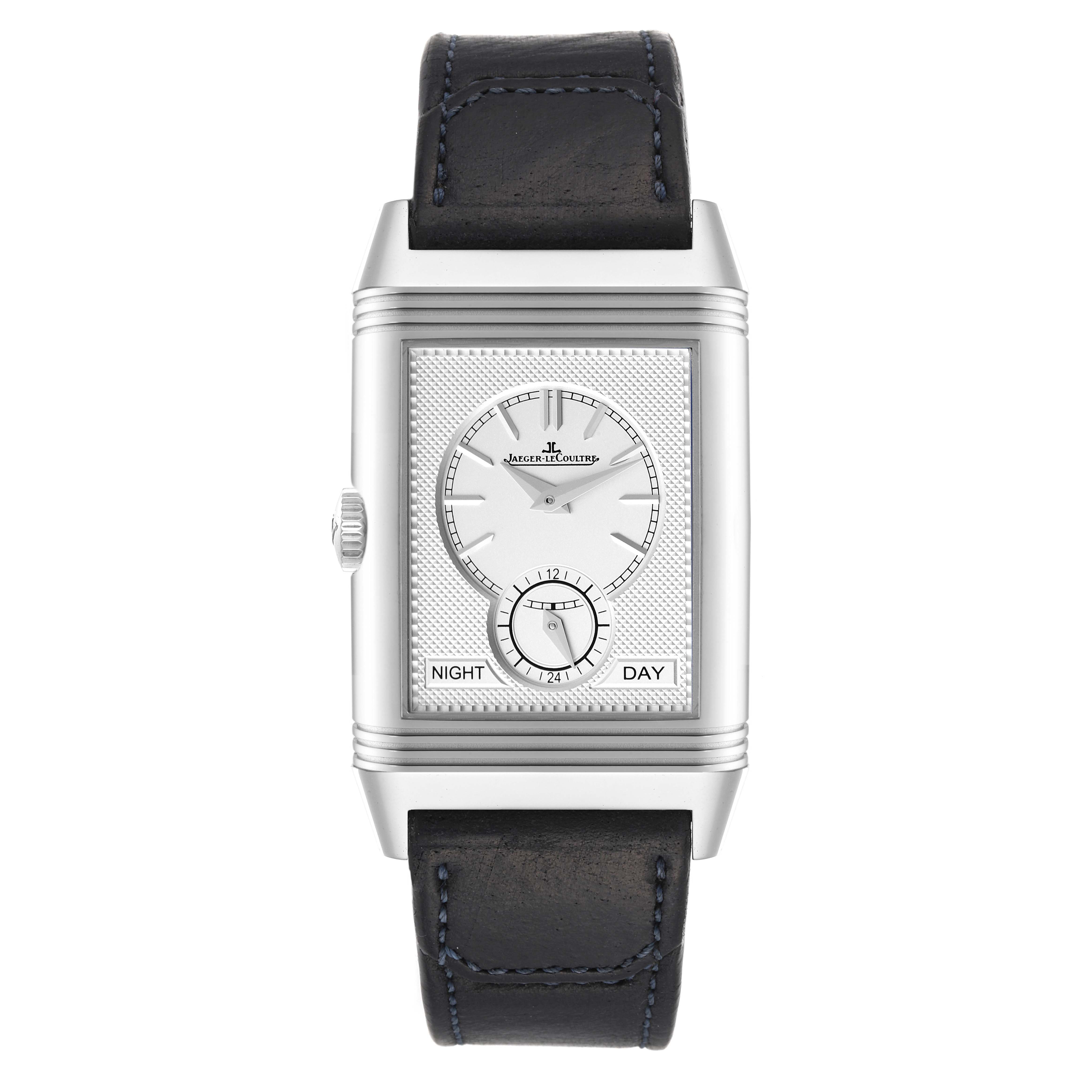 The image shows a frontal view of a Jaeger-LeCoultre Reverso watch displaying its dial and black leather strap.