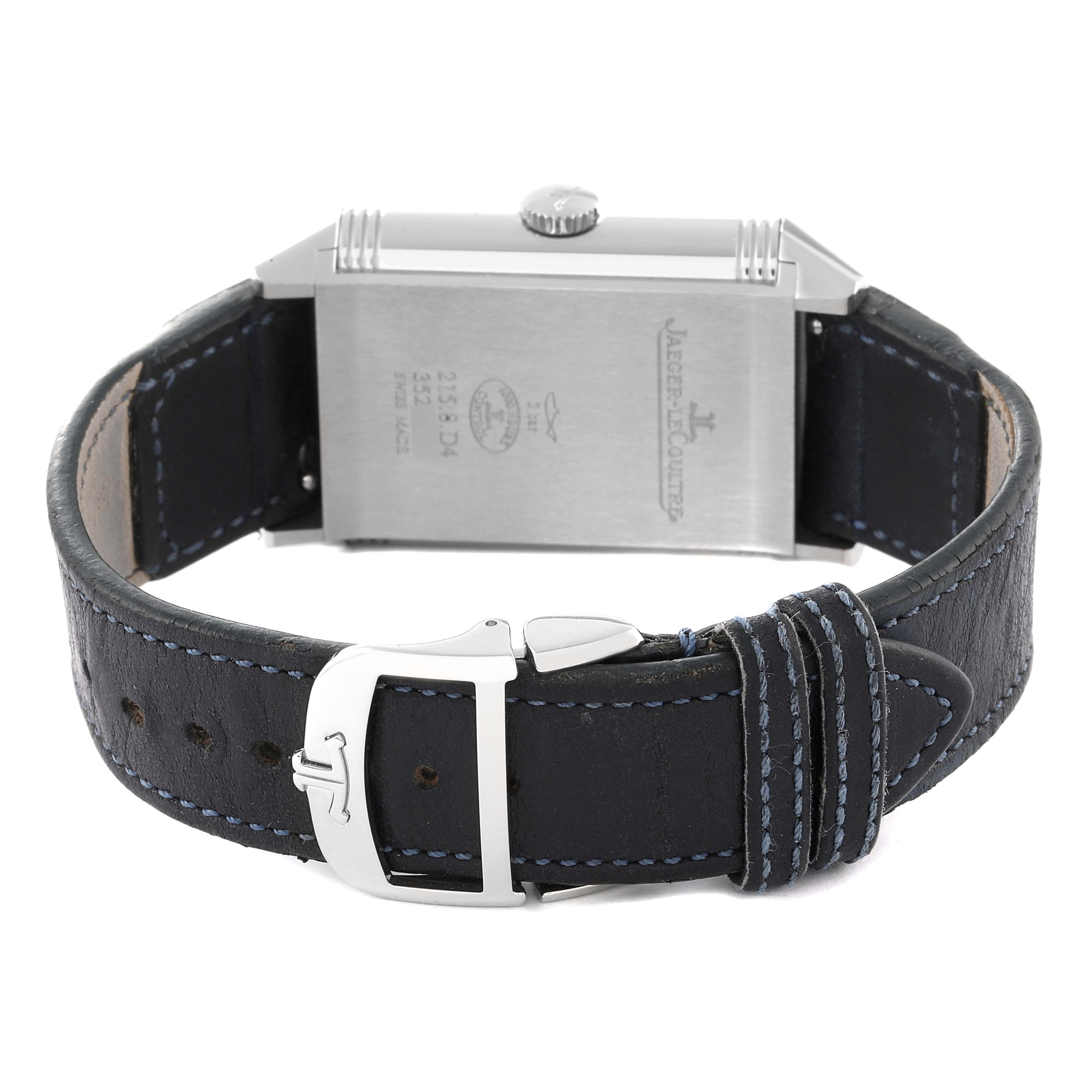 The image shows the back of a Jaeger LeCoultre Reverso Q3988482 Men's Stainless Steel Blue Dial Q3988482 Men's Stainless Steel Blue Dial watch with a leather strap and visible buckle.
