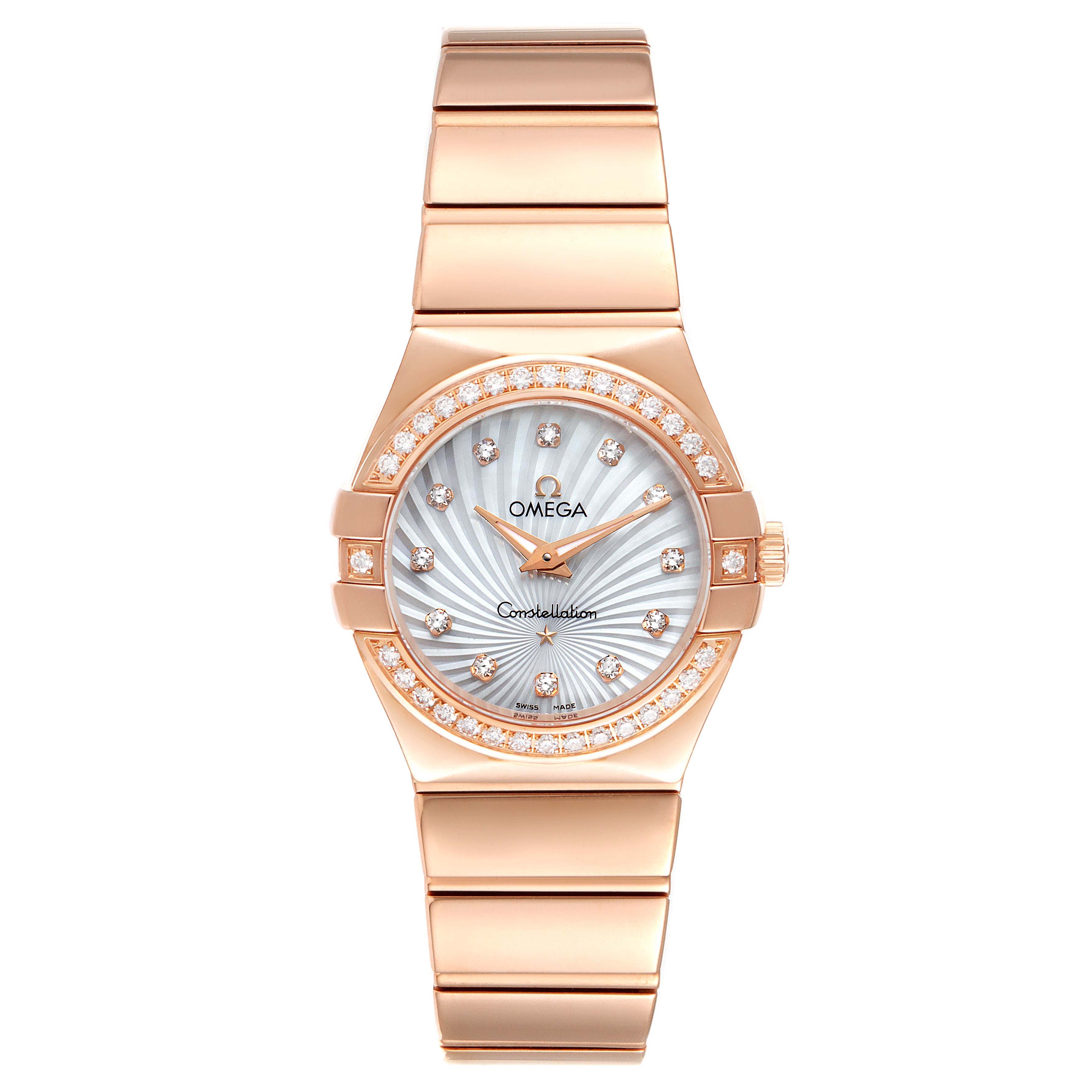This image shows a front view of the Omega 123.55.27.60.55.005 Women's Rose Gold Mother of Pearl Dial 123.55.27.60.55.005 Women's Rose Gold Mother of Pearl Dial Constellation Rose Gold Mother of Pearl Diamond Ladies Watch, model 123.55.27.60.55.005.