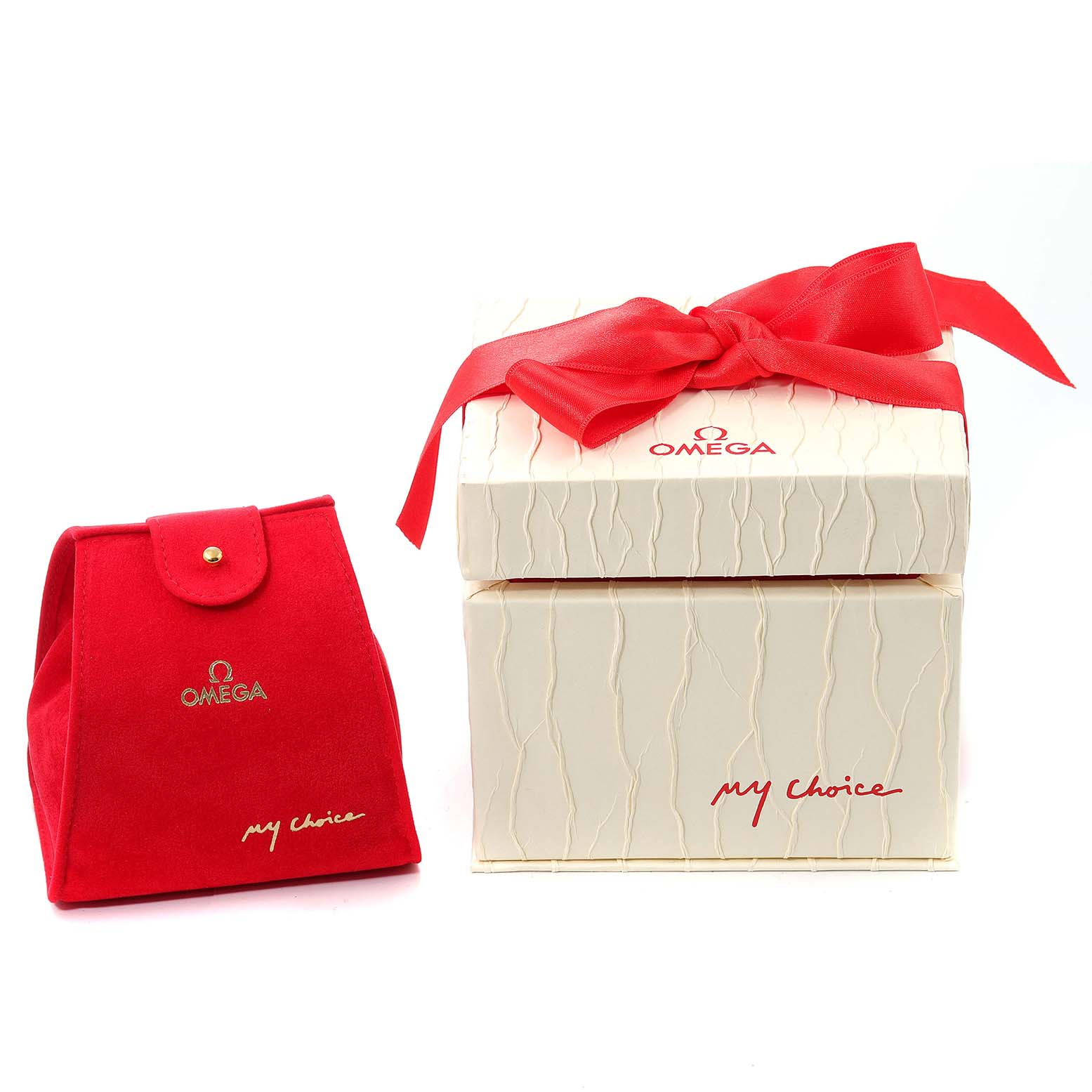 The image shows the packaging for the Omega 123.55.27.60.55.005 Women's Rose Gold Mother of Pearl Dial 123.55.27.60.55.005 Women's Rose Gold Mother of Pearl Dial Constellation Rose Gold Mother of Pearl Diamond Ladies Watch 123.55.27.60.55.005.