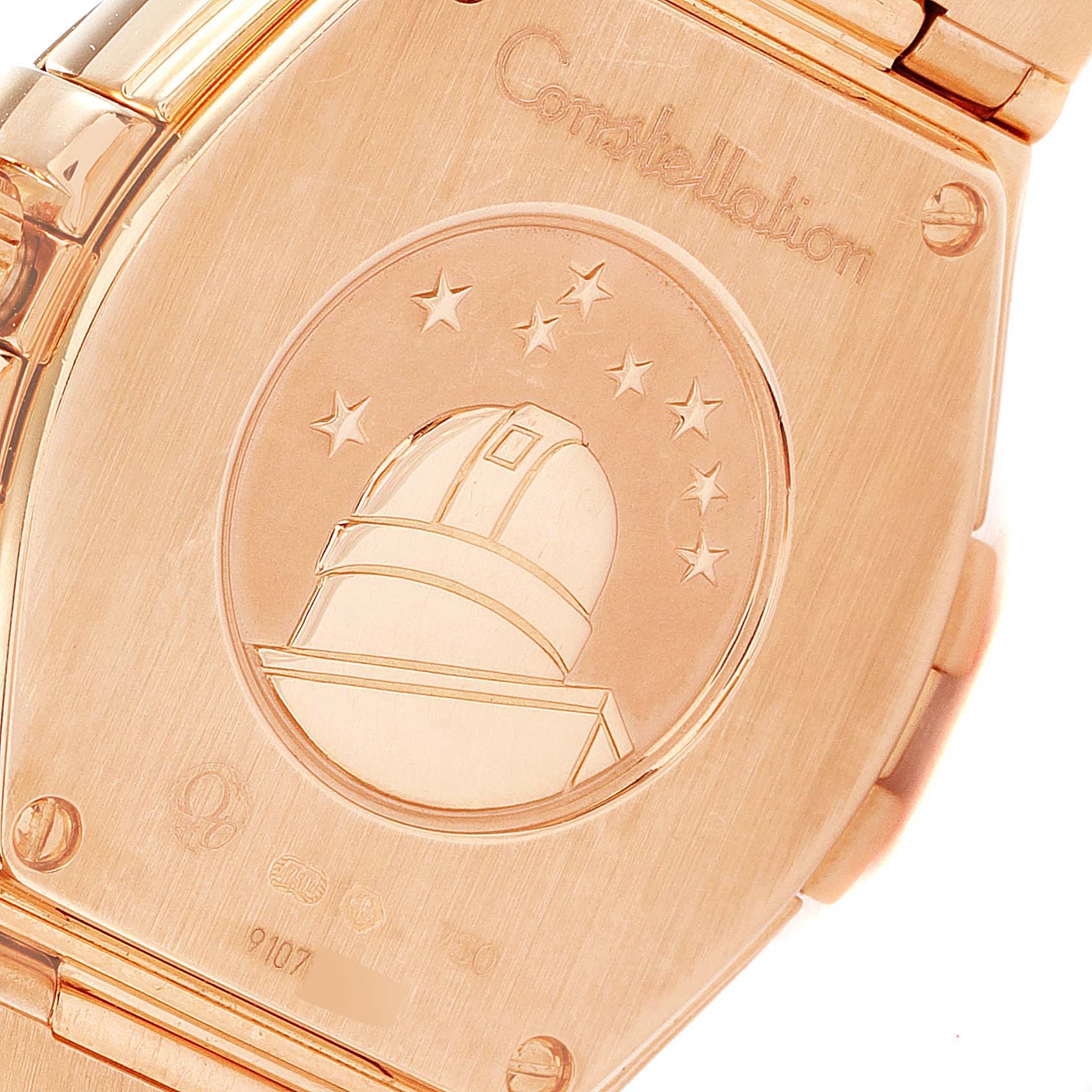 The image shows the back case of the Omega 123.55.27.60.55.005 Women's Rose Gold Mother of Pearl Dial 123.55.27.60.55.005 Women's Rose Gold Mother of Pearl Dial Constellation Rose Gold Mother of Pearl Diamond Ladies Watch 123.55.27.60.55.005.