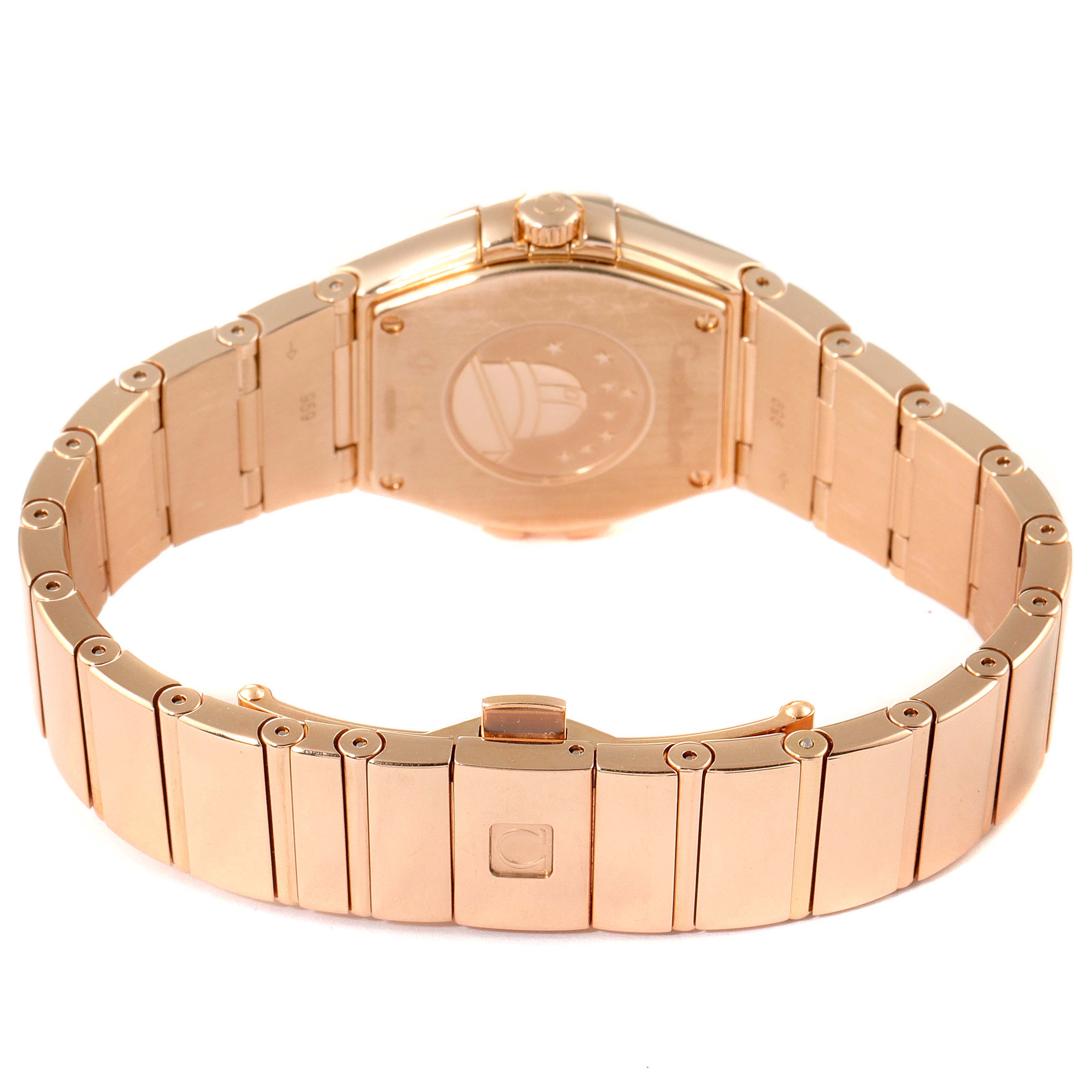 The image shows the back and bracelet of the Omega 123.55.27.60.55.005 Women's Rose Gold Mother of Pearl Dial 123.55.27.60.55.005 Women's Rose Gold Mother of Pearl Dial Constellation Rose Gold Mother of Pearl Diamond Ladies Watch 123.55.27.60.55.005.