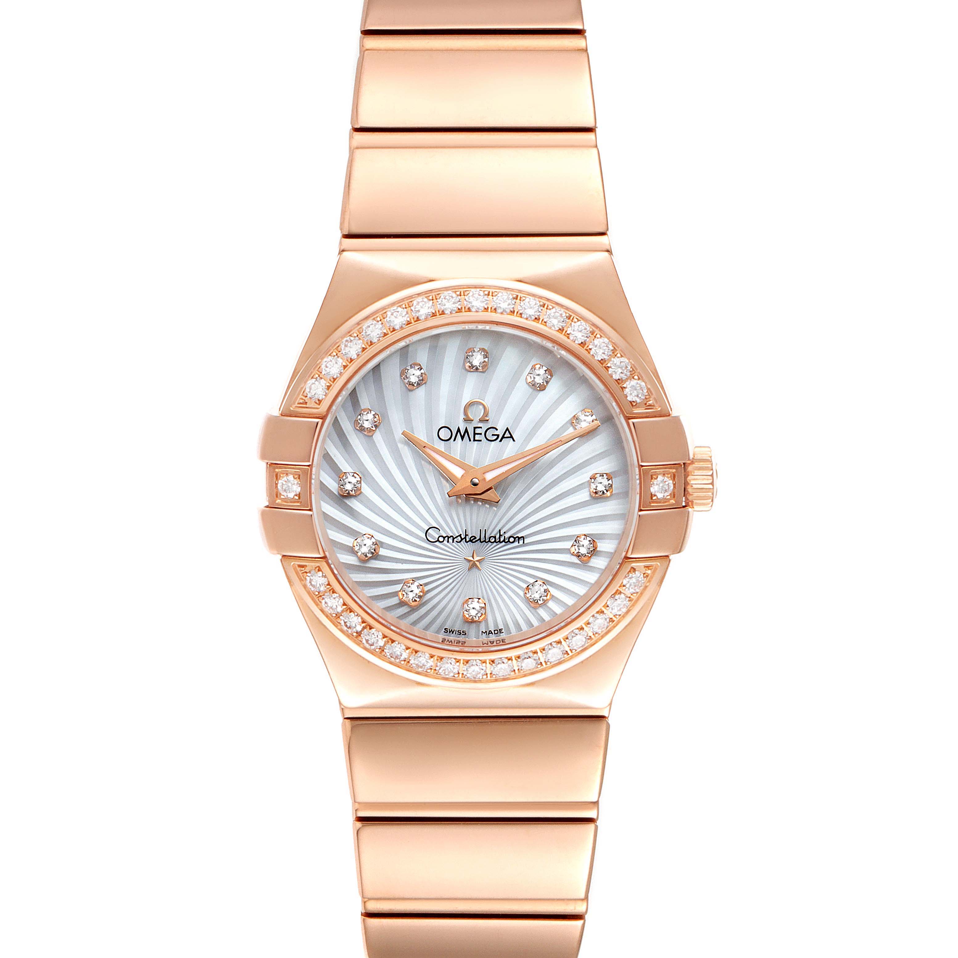 This image shows a front view of the Omega 123.55.27.60.55.005 Women's Rose Gold Mother of Pearl Dial 123.55.27.60.55.005 Women's Rose Gold Mother of Pearl Dial Constellation Rose Gold Mother of Pearl Diamond Ladies Watch 123.55.27.60.55.005.