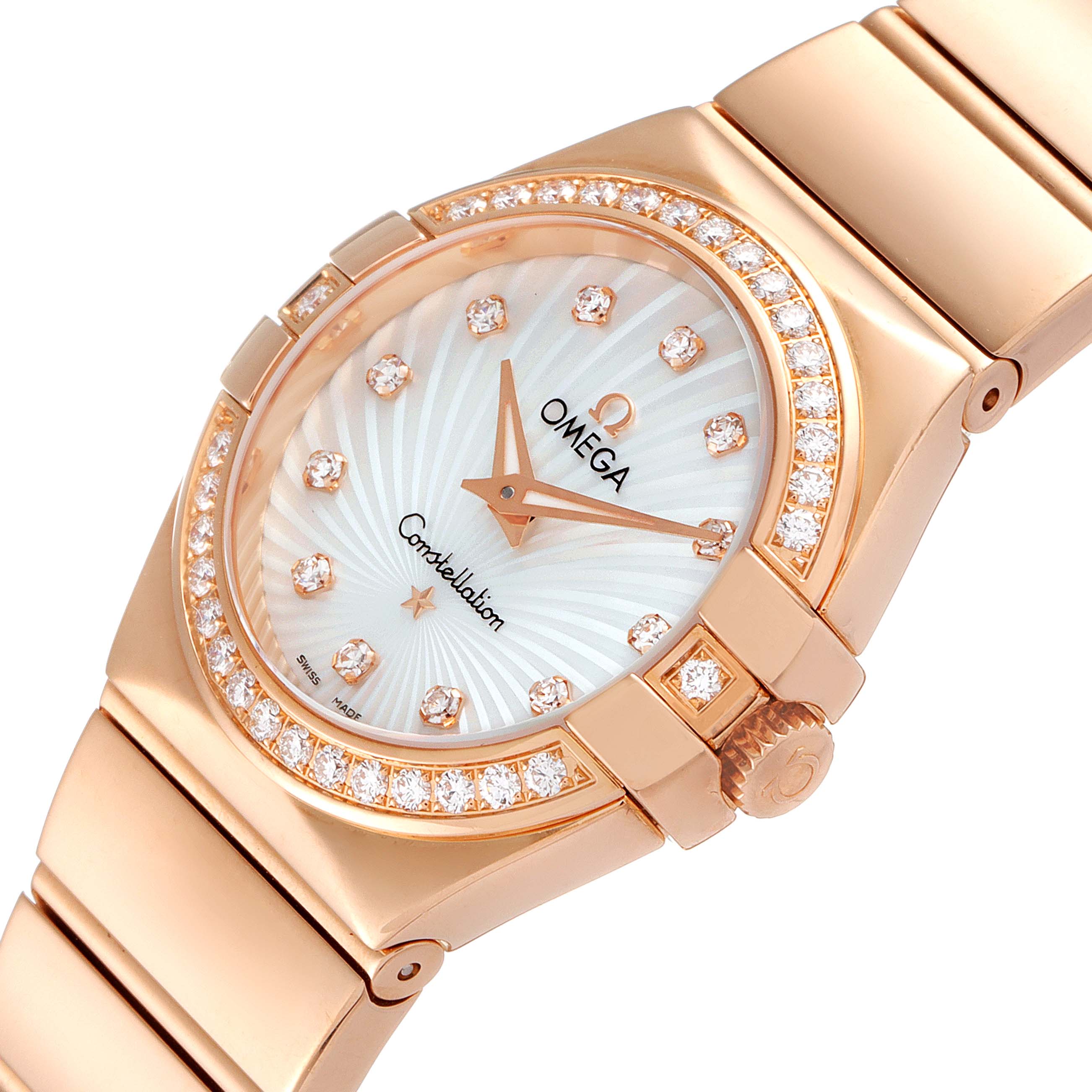 The image shows a close-up of the Omega 123.55.27.60.55.005 Women's Rose Gold Mother of Pearl Dial 123.55.27.60.55.005 Women's Rose Gold Mother of Pearl Dial Constellation 123.55.27.60.55.005 watch, highlighting its rose gold bracelet, diamond bezel, and Mother of Pearl dial.