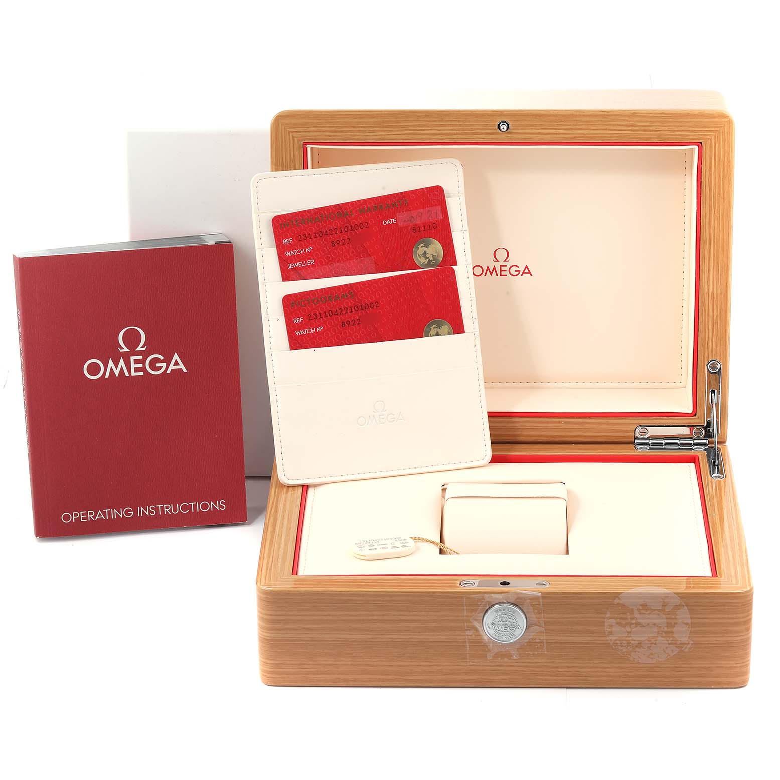 The image shows an Omega Aqua Terra 231.10.42.21.01.002 Men's Stainless Steel Black Dial 231.10.42.21.01.002 Men's Stainless Steel Black Dial watch box, operating instructions, and cards in a holder.