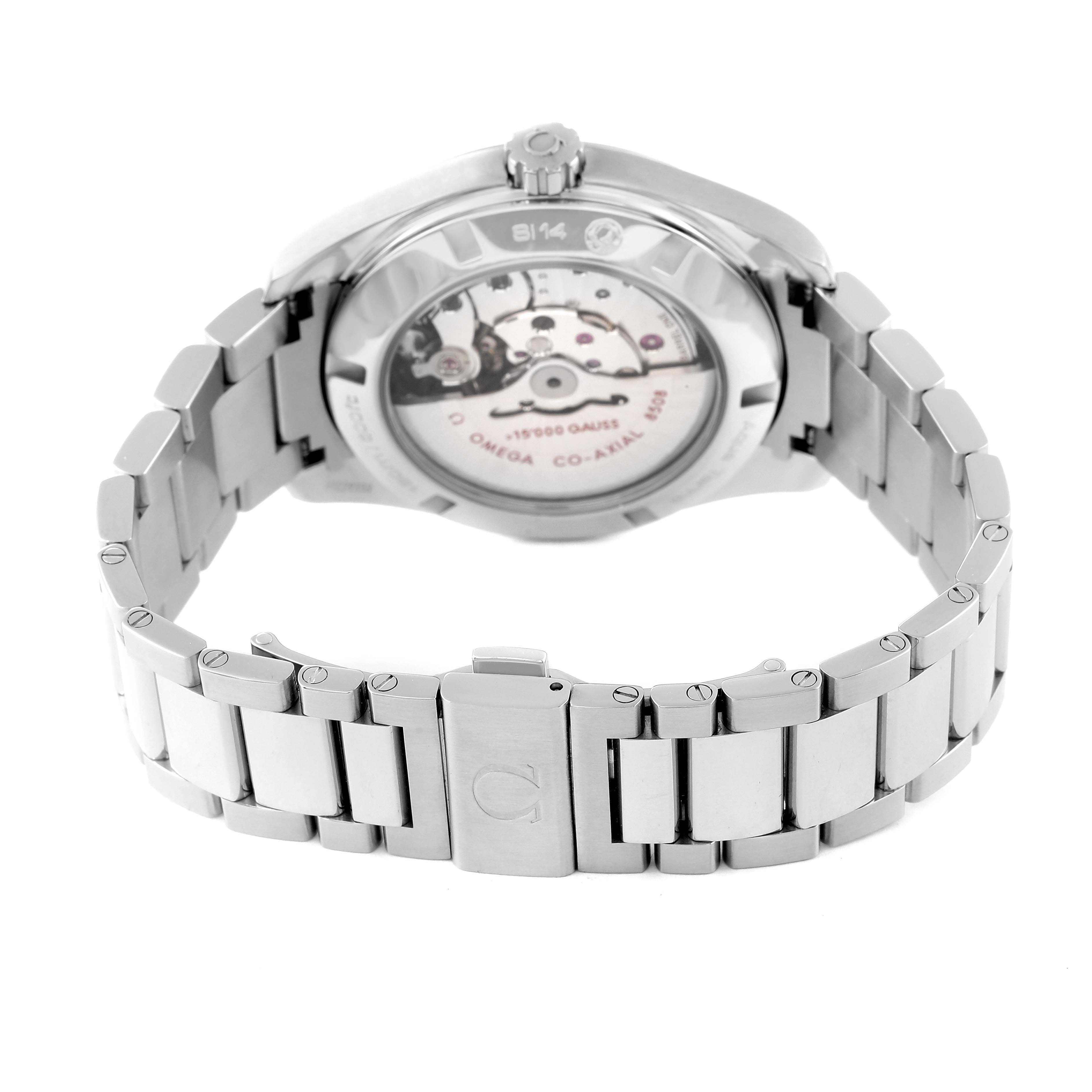 The image shows the back view of the Omega Aqua Terra 231.10.42.21.01.002 Men's Stainless Steel Black Dial 231.10.42.21.01.002 Men's Stainless Steel Black Dial watch, highlighting its stainless steel bracelet and visible movement.