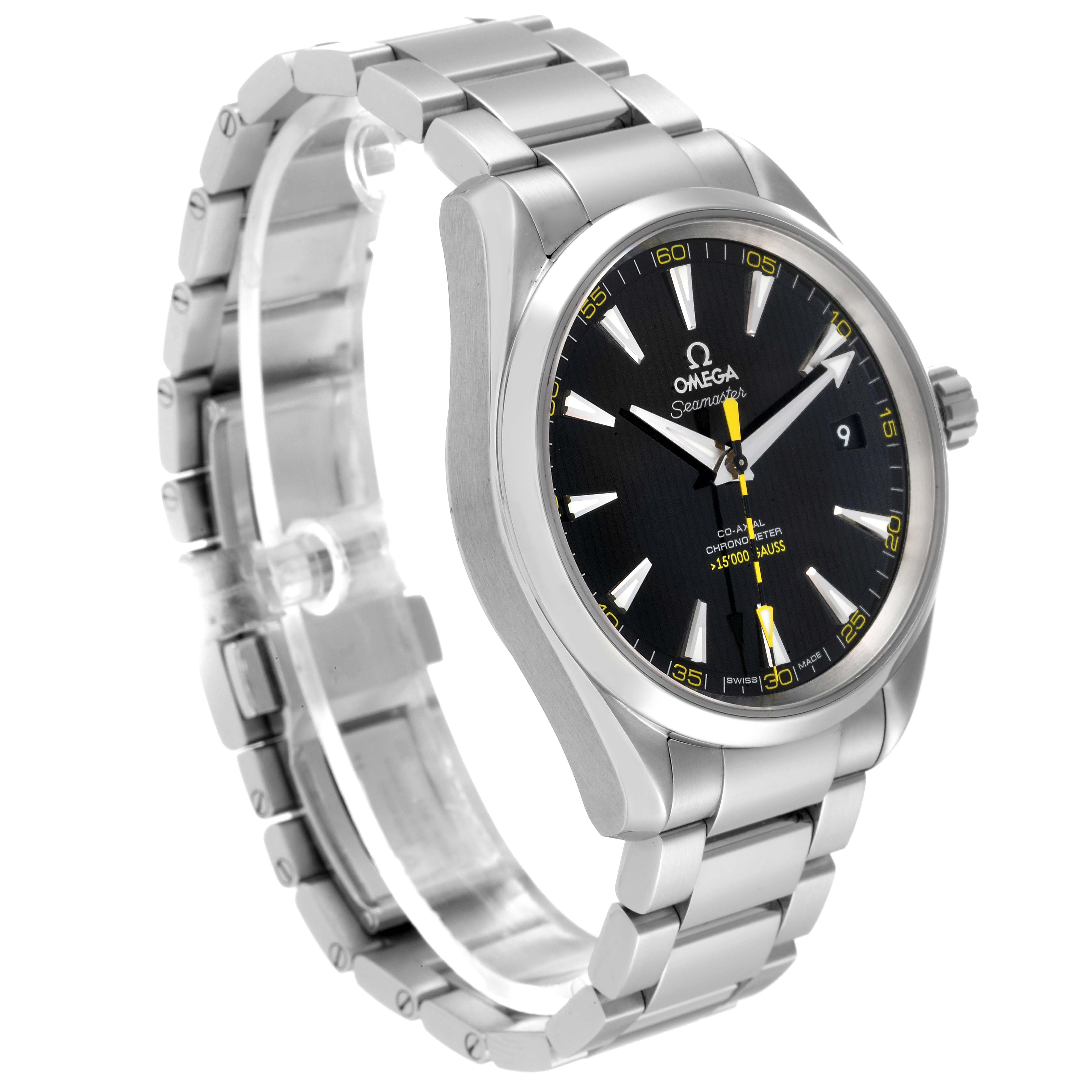 The Omega Aqua Terra 231.10.42.21.01.002 Men's Stainless Steel Black Dial 231.10.42.21.01.002 Men's Stainless Steel Black Dial watch is shown from a front angle, highlighting its face, dial, and metal bracelet.