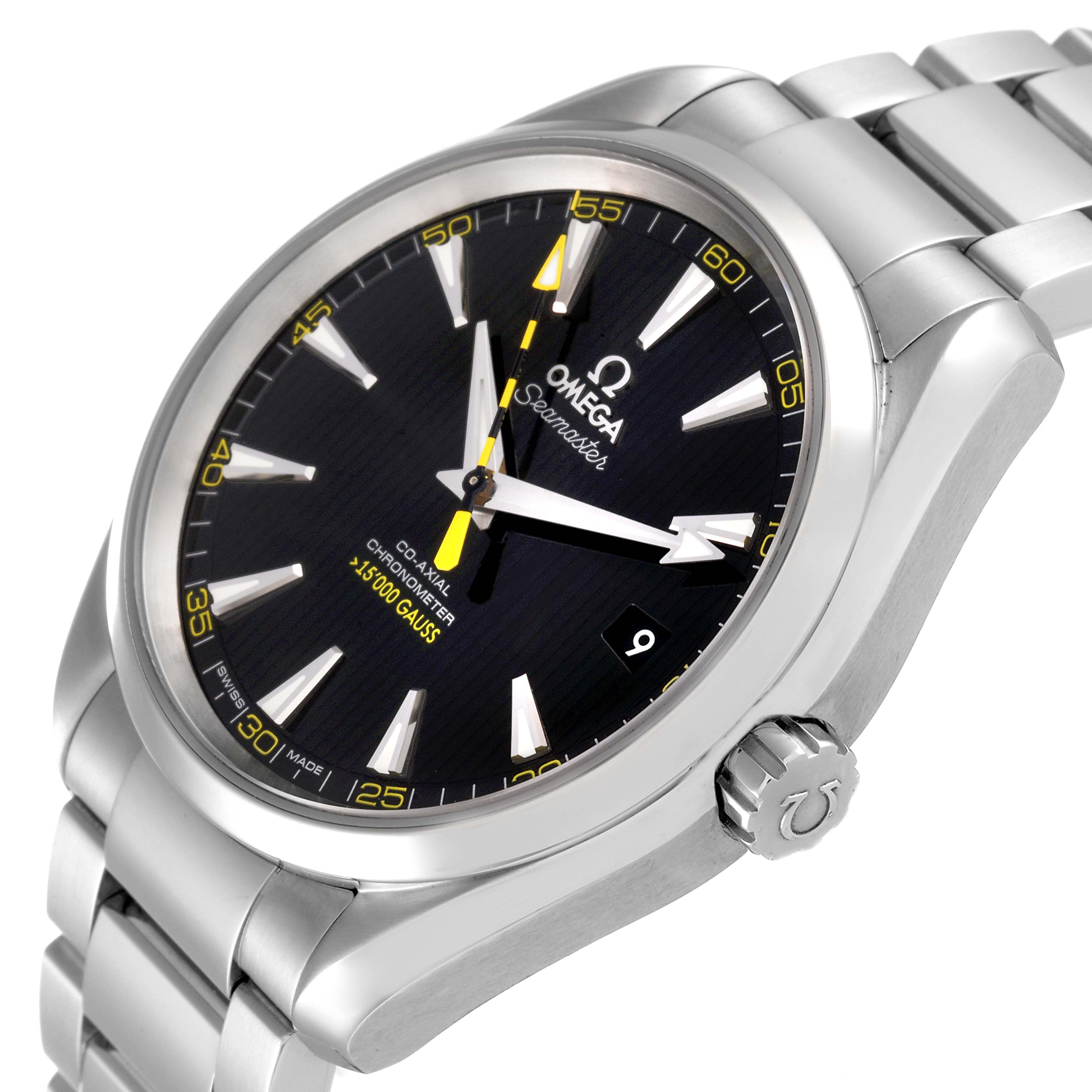 The image shows an angled view of the Omega Seamaster Aqua Terra watch, highlighting the dial, bezel, and bracelet.
