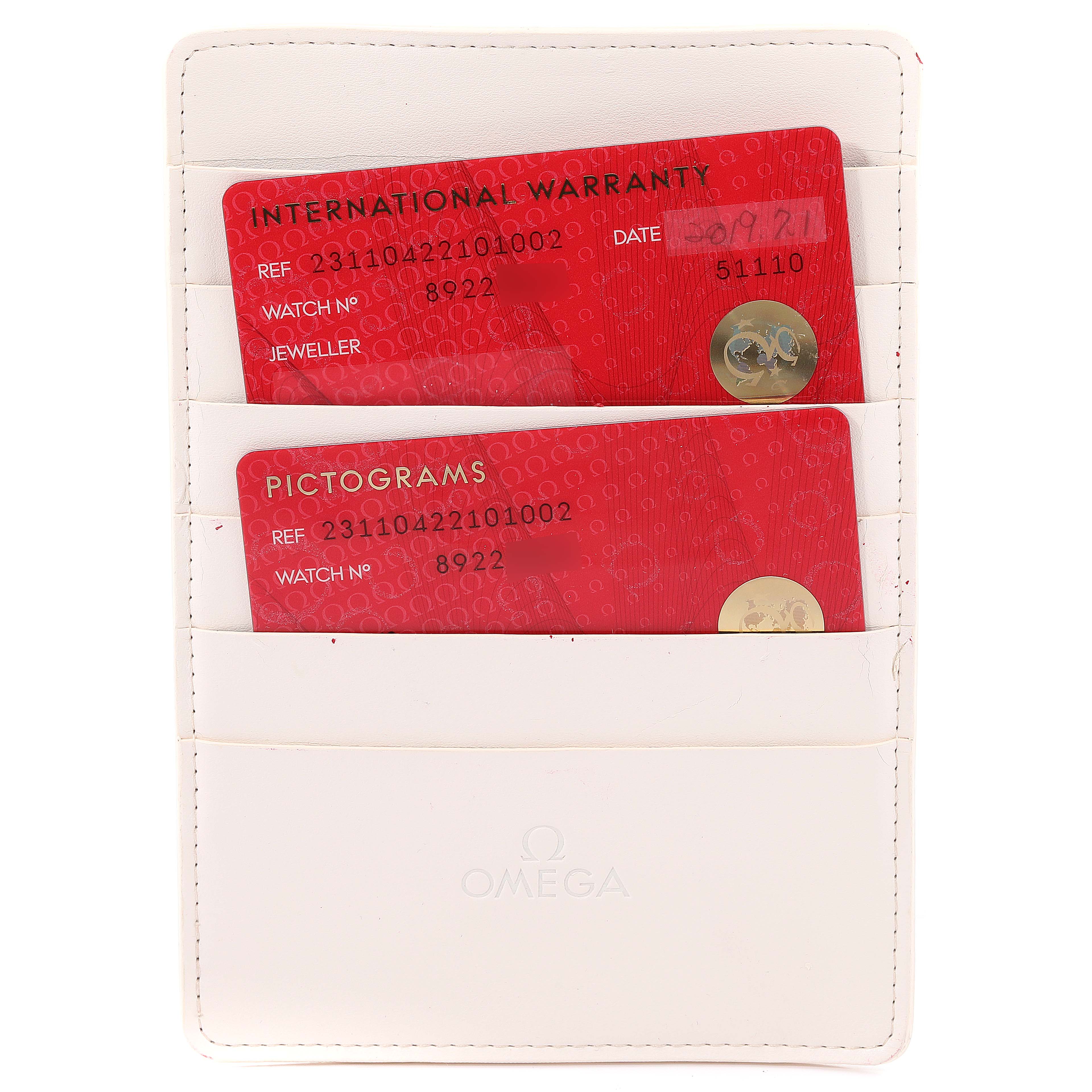 The image shows warranty and pictogram cards for Omega Aqua Terra 231.10.42.21.01.002 Men's Stainless Steel Black Dial 231.10.42.21.01.002 Men's Stainless Steel Black Dial model in a white cardholder, viewed from the front.