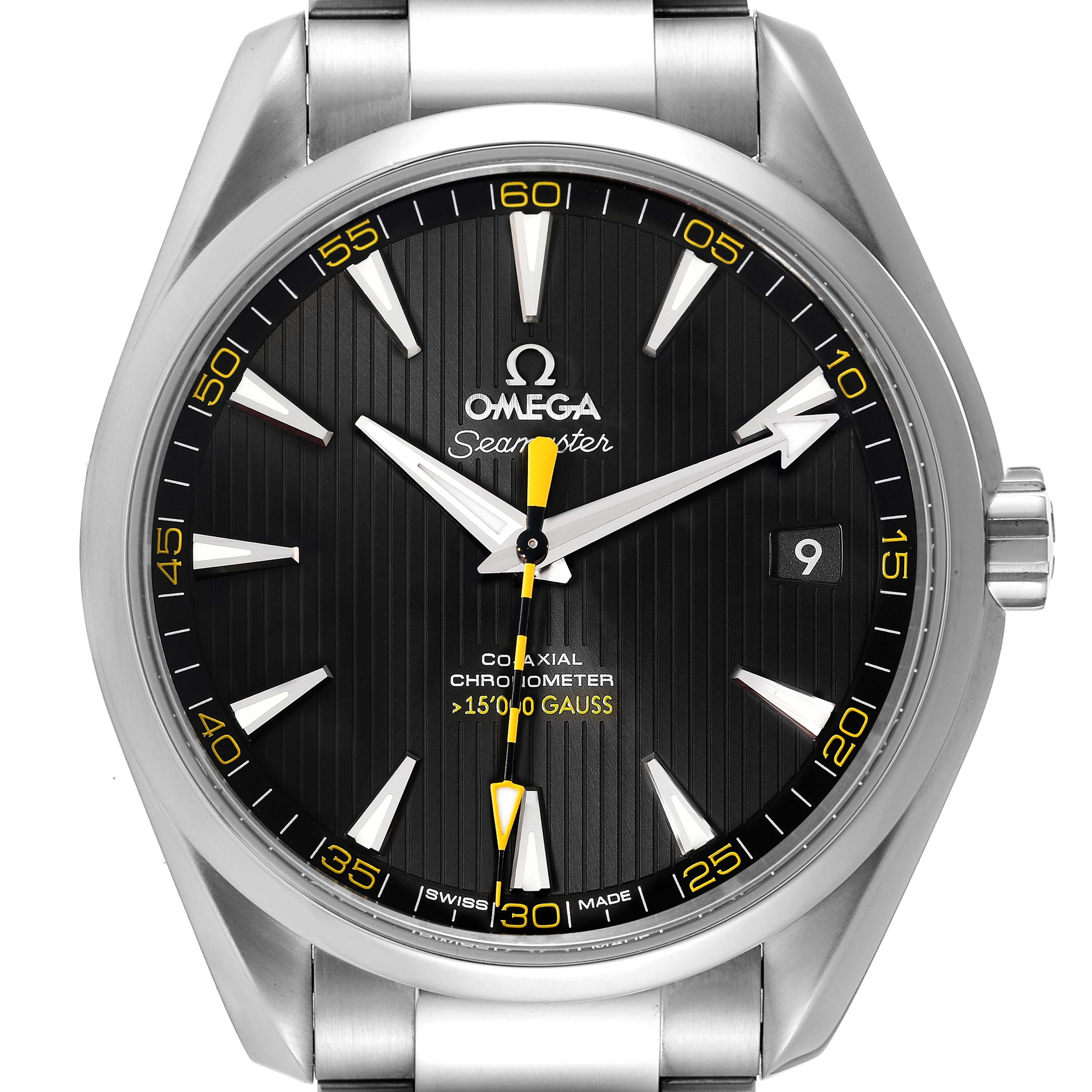 The image shows a front view of the Omega Aqua Terra 231.10.42.21.01.002 Men's Stainless Steel Black Dial 231.10.42.21.01.002 Men's Stainless Steel Black Dial watch, highlighting the black dial, hands, markers, and part of the stainless steel bracelet.