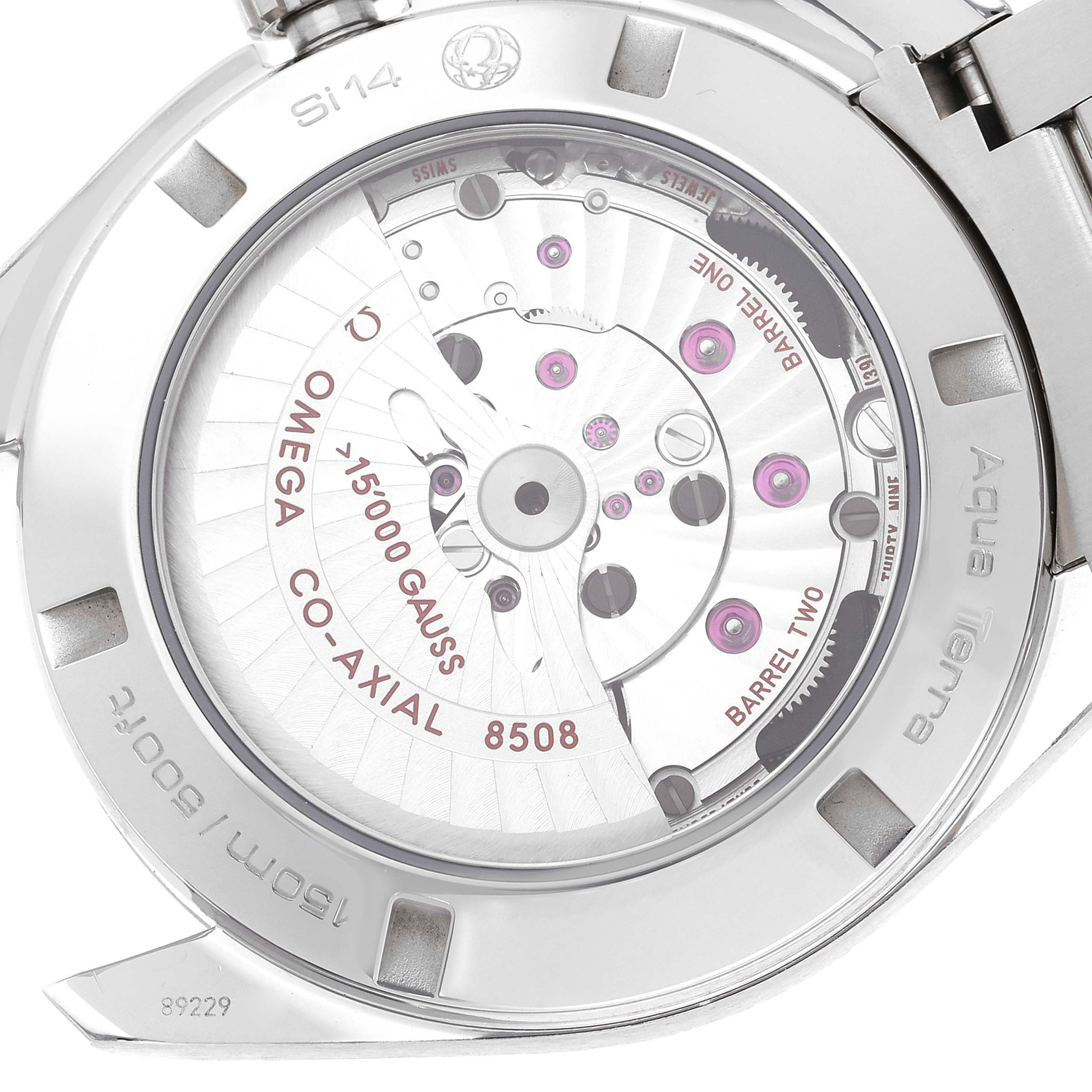 The image shows the case back of an Omega Aqua Terra 231.10.42.21.01.002 Men's Stainless Steel Black Dial 231.10.42.21.01.002 Men's Stainless Steel Black Dial watch, revealing its 8508 caliber movement.