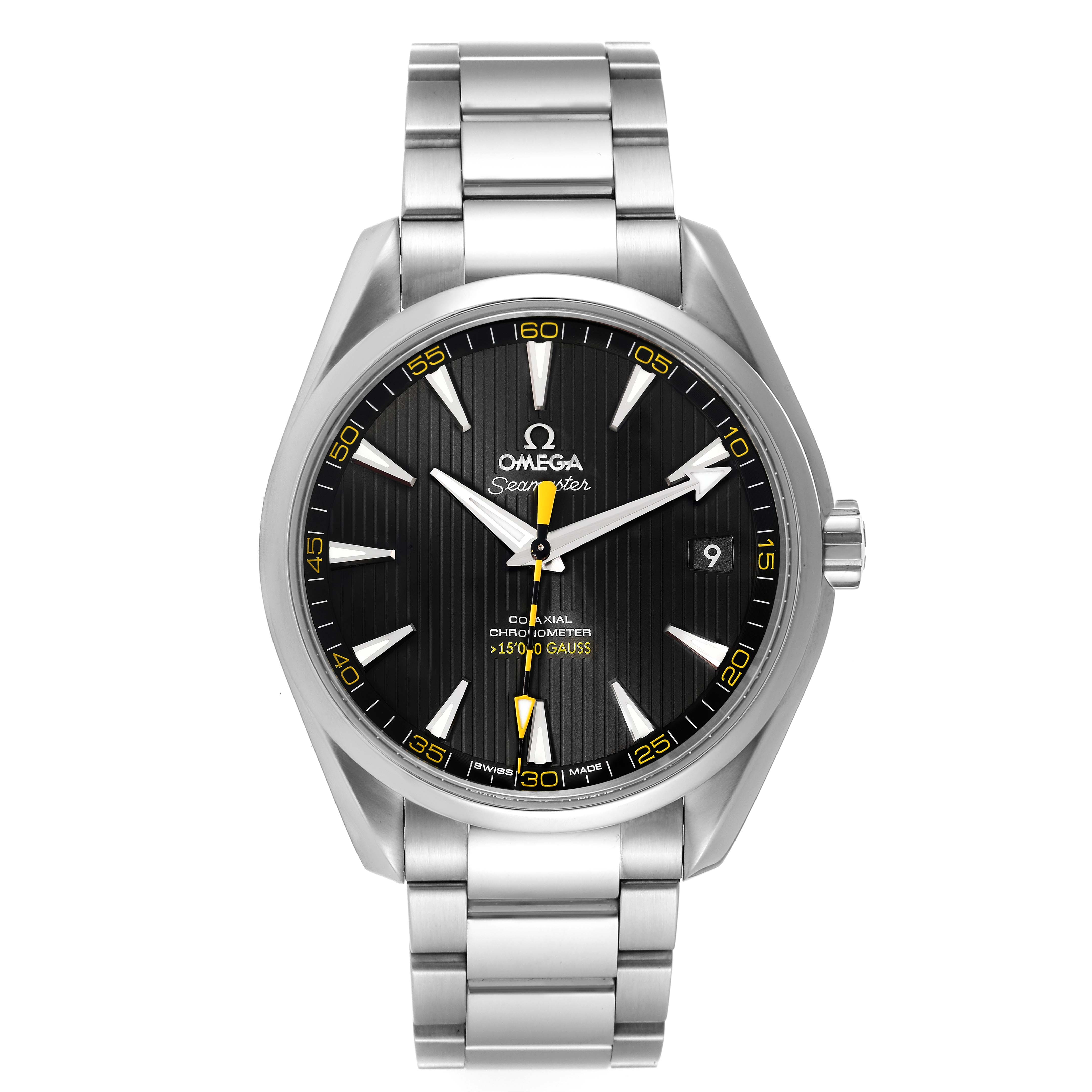 The image shows a front view of the Omega Aqua Terra 231.10.42.21.01.002 Men's Stainless Steel Black Dial 231.10.42.21.01.002 Men's Stainless Steel Black Dial Seamaster watch, highlighting its face, bracelet, and crown.