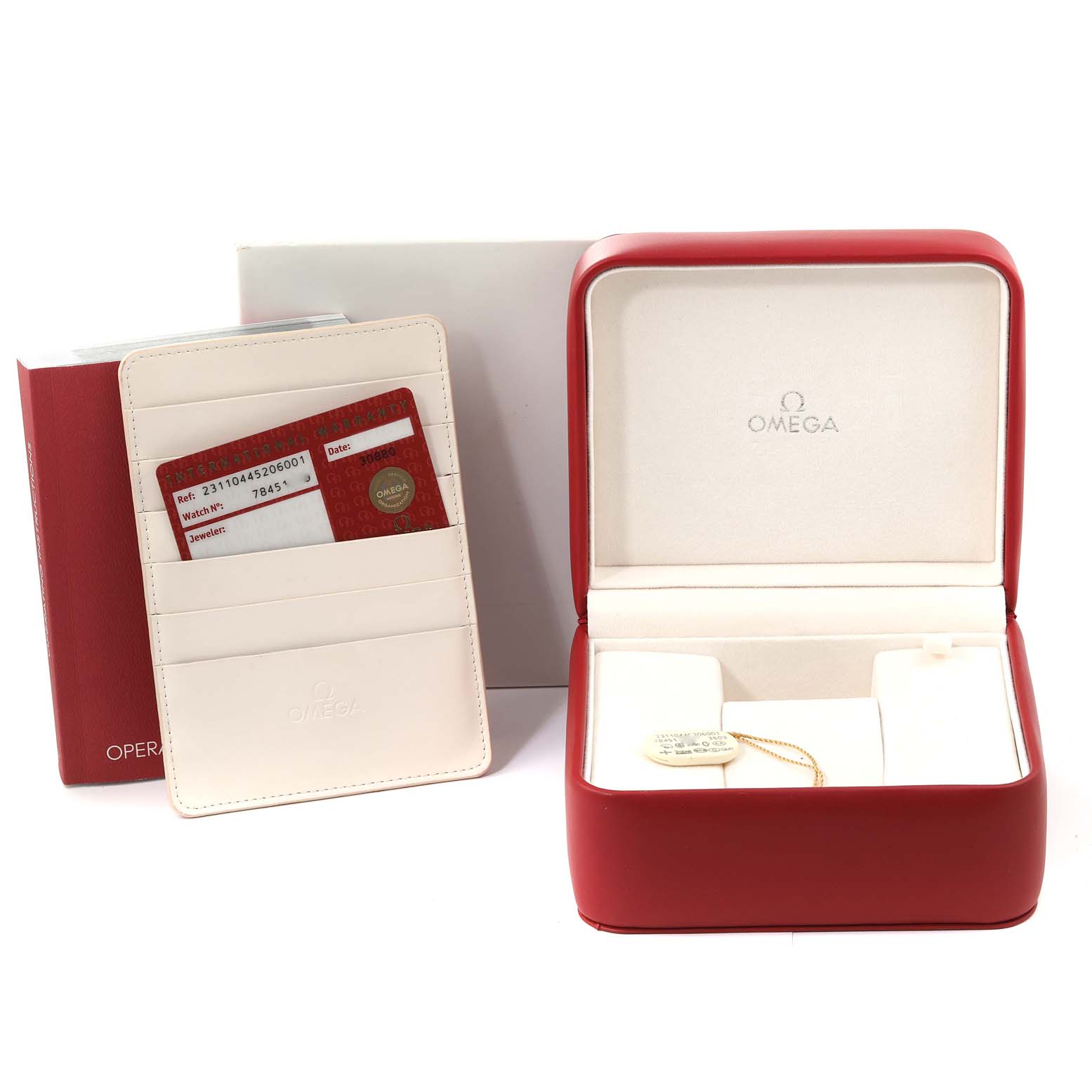 The image shows an Omega Aqua Terra 231.10.44.52.06.001 Men's Stainless Steel Grey Dial 231.10.44.52.06.001 Men's Stainless Steel Grey Dial watch box, warranty card holder, and manual.