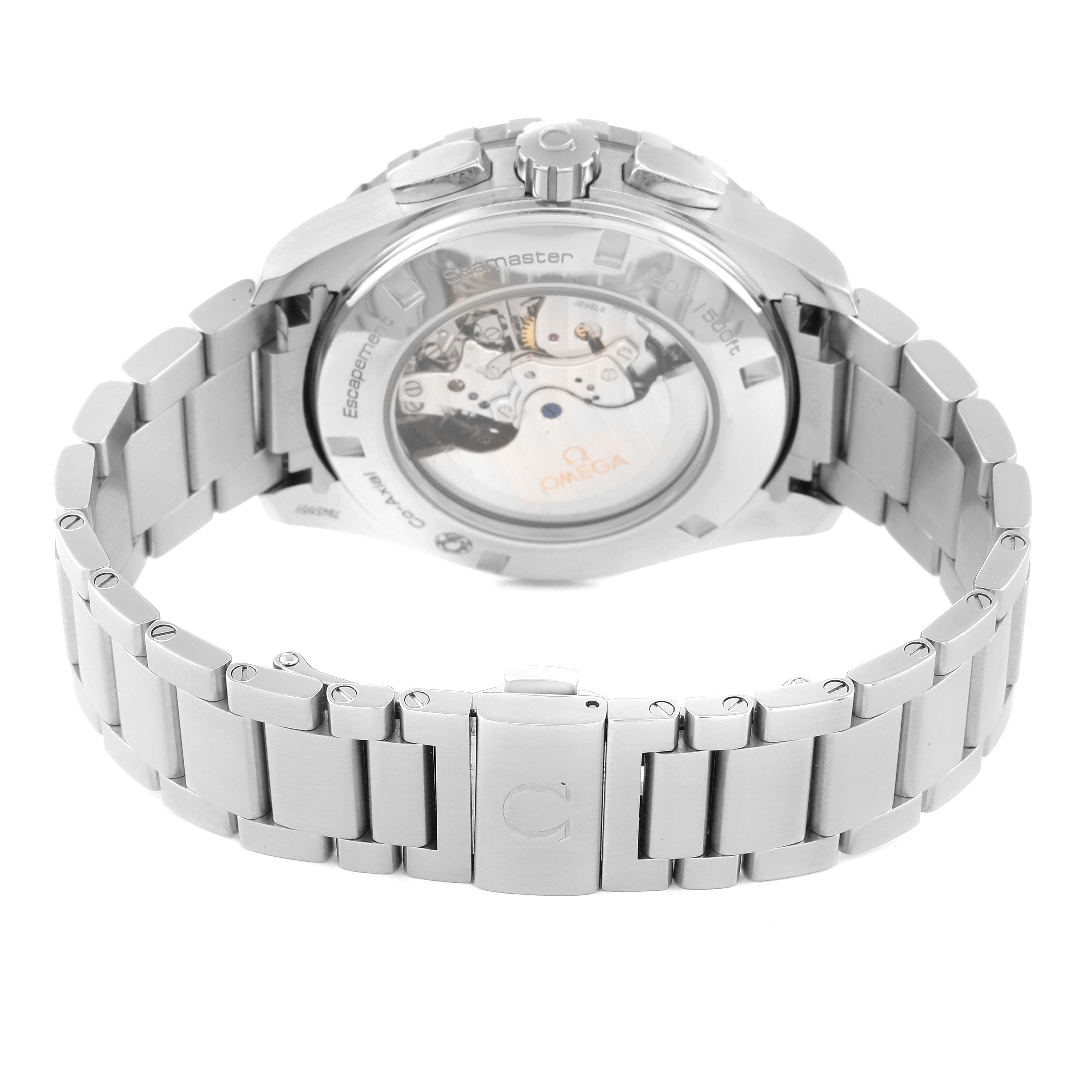 The image shows the back case and bracelet of an Omega Aqua Terra 231.10.44.52.06.001 Men's Stainless Steel Grey Dial 231.10.44.52.06.001 Men's Stainless Steel Grey Dial watch, highlighting its transparent case back and movement.