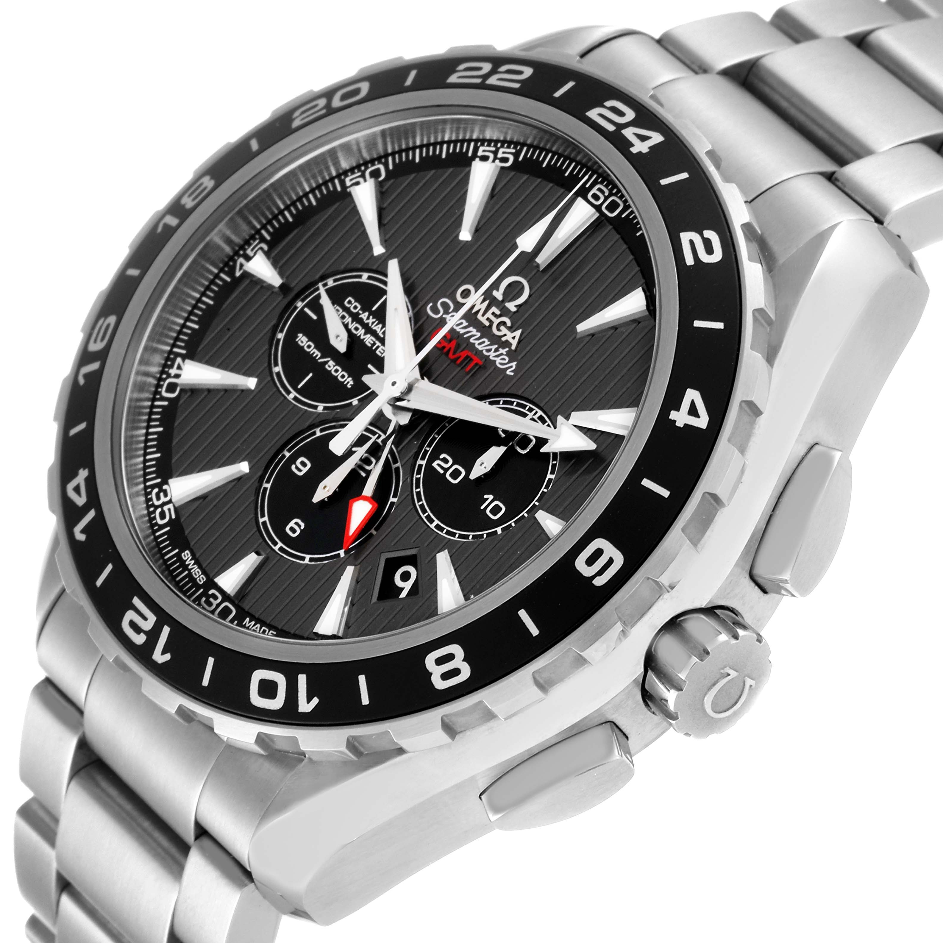 The Omega Aqua Terra 231.10.44.52.06.001 Men's Stainless Steel Grey Dial 231.10.44.52.06.001 Men's Stainless Steel Grey Dial watch is shown at an angled close-up, highlighting the dial, bezel, crown, and part of the bracelet.