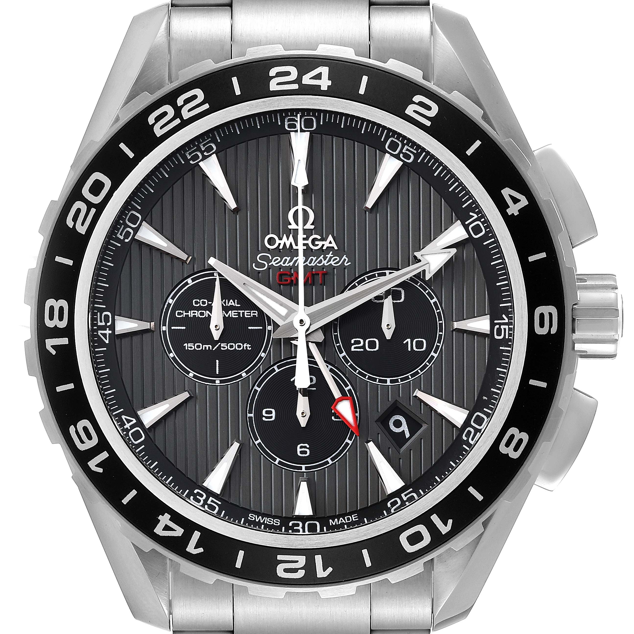 The image shows a front view of the Omega Seamaster Aqua Terra watch, highlighting its dial, bezel, and bracelet.