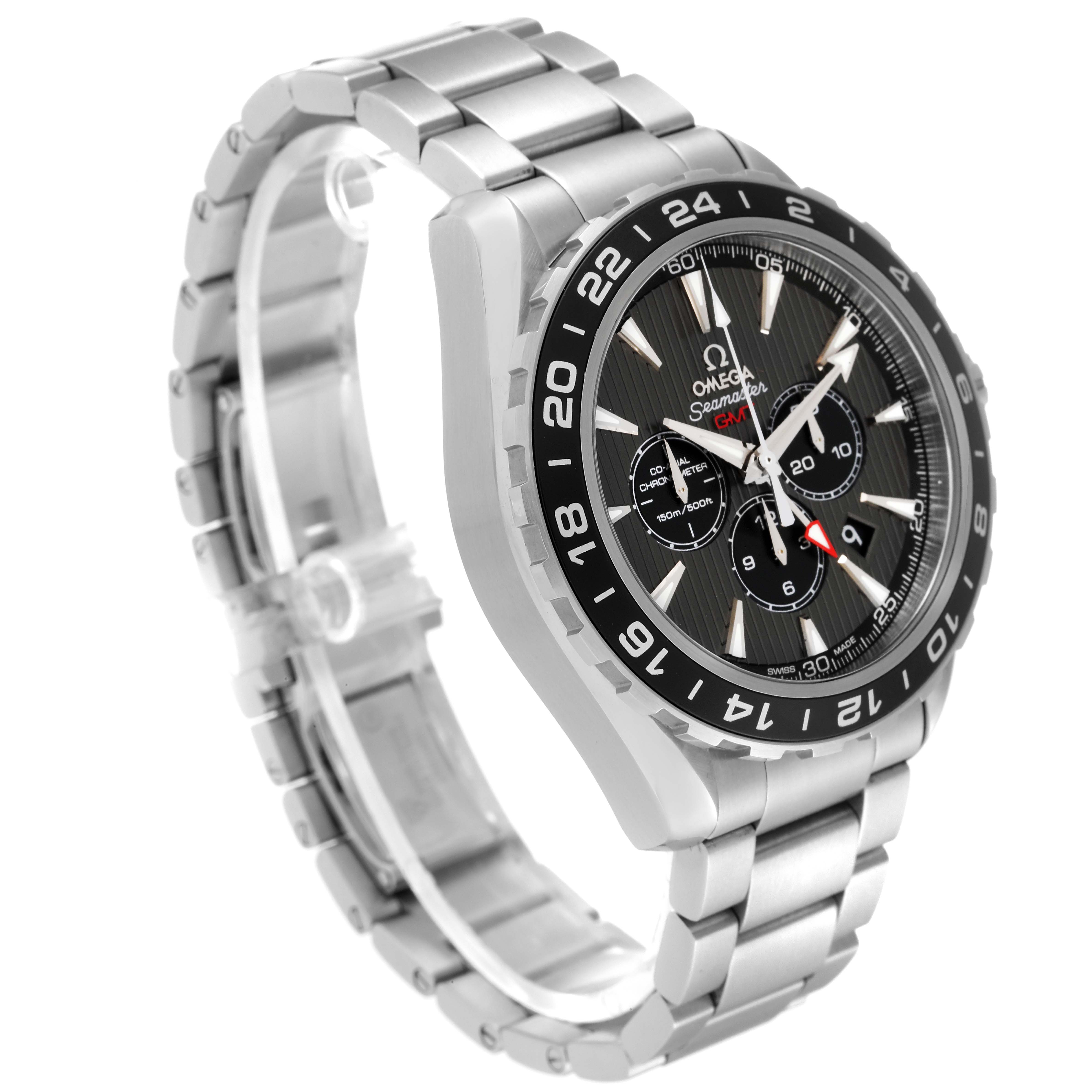 This image features the Omega Aqua Terra 231.10.44.52.06.001 Men's Stainless Steel Grey Dial 231.10.44.52.06.001 Men's Stainless Steel Grey Dial watch at a three-quarter angle, highlighting its face, bezel, and metal bracelet.