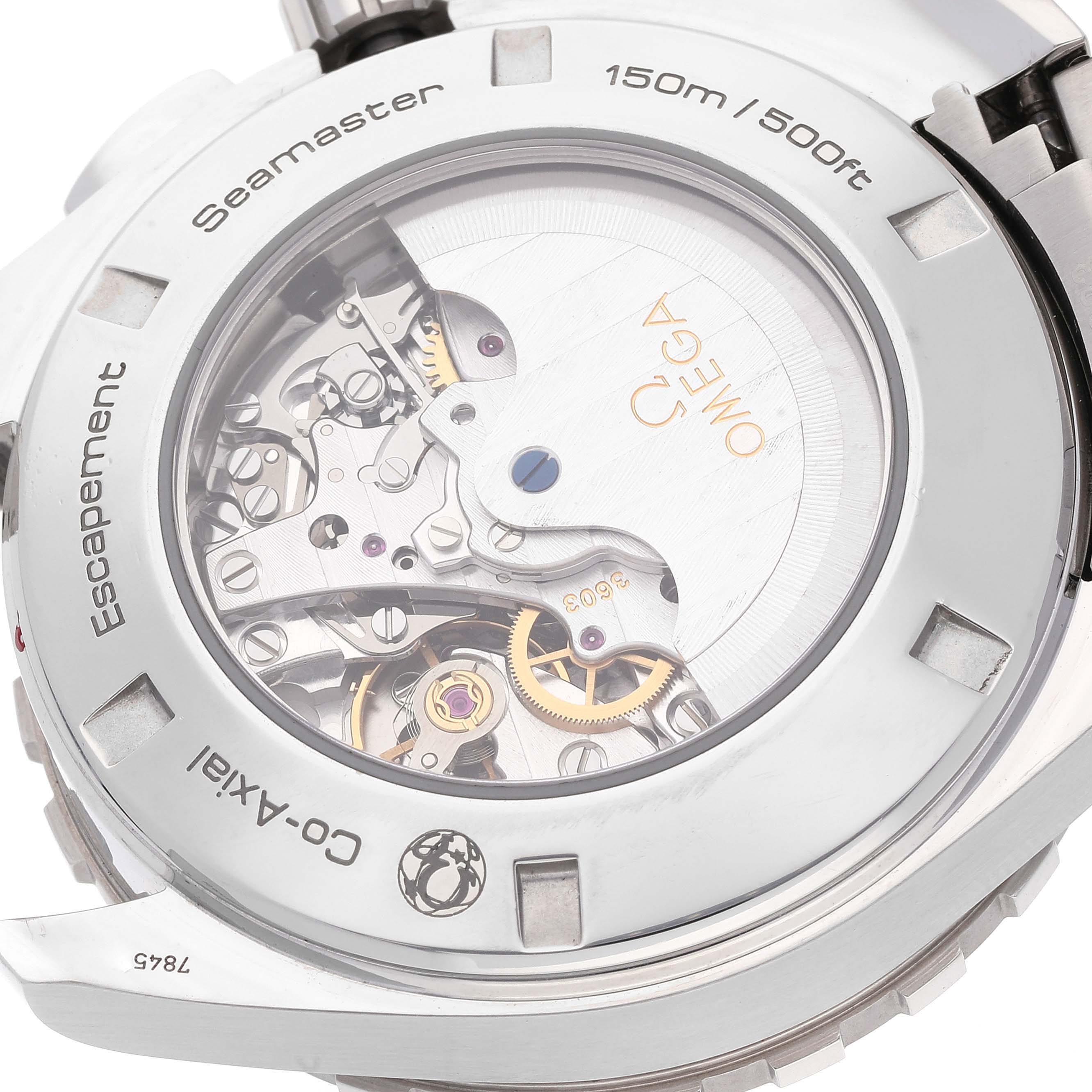 This image shows the back case and inner mechanics of an Omega Aqua Terra 231.10.44.52.06.001 Men's Stainless Steel Grey Dial 231.10.44.52.06.001 Men's Stainless Steel Grey Dial watch, highlighting its escapement and co-axial movement.