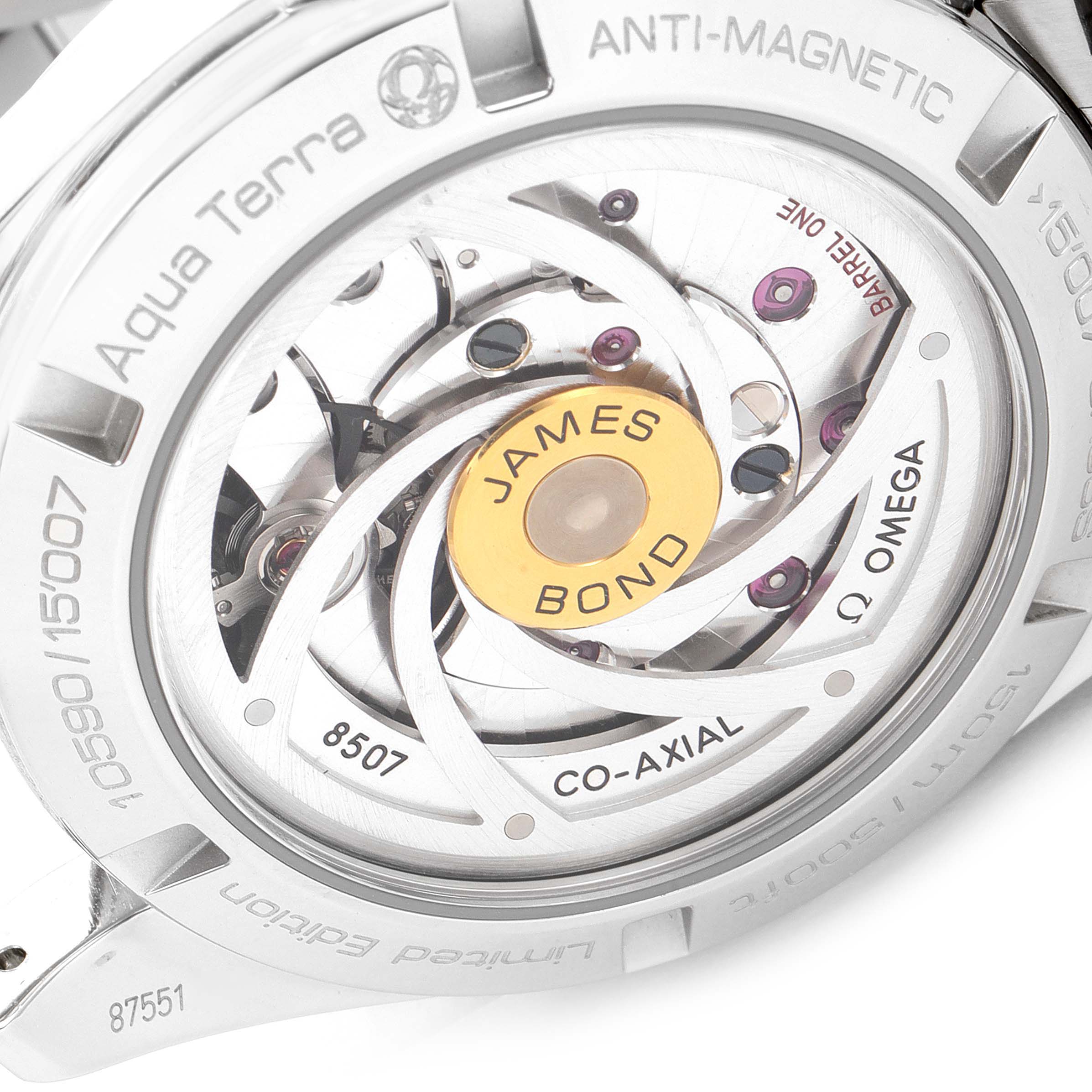 This image shows the back view of the Omega Aqua Terra 231.10.42.21.03.004 Men's Stainless Steel Blue Dial 231.10.42.21.03.004 Men's Stainless Steel Blue Dial watch, highlighting its movement and special James Bond engraving.