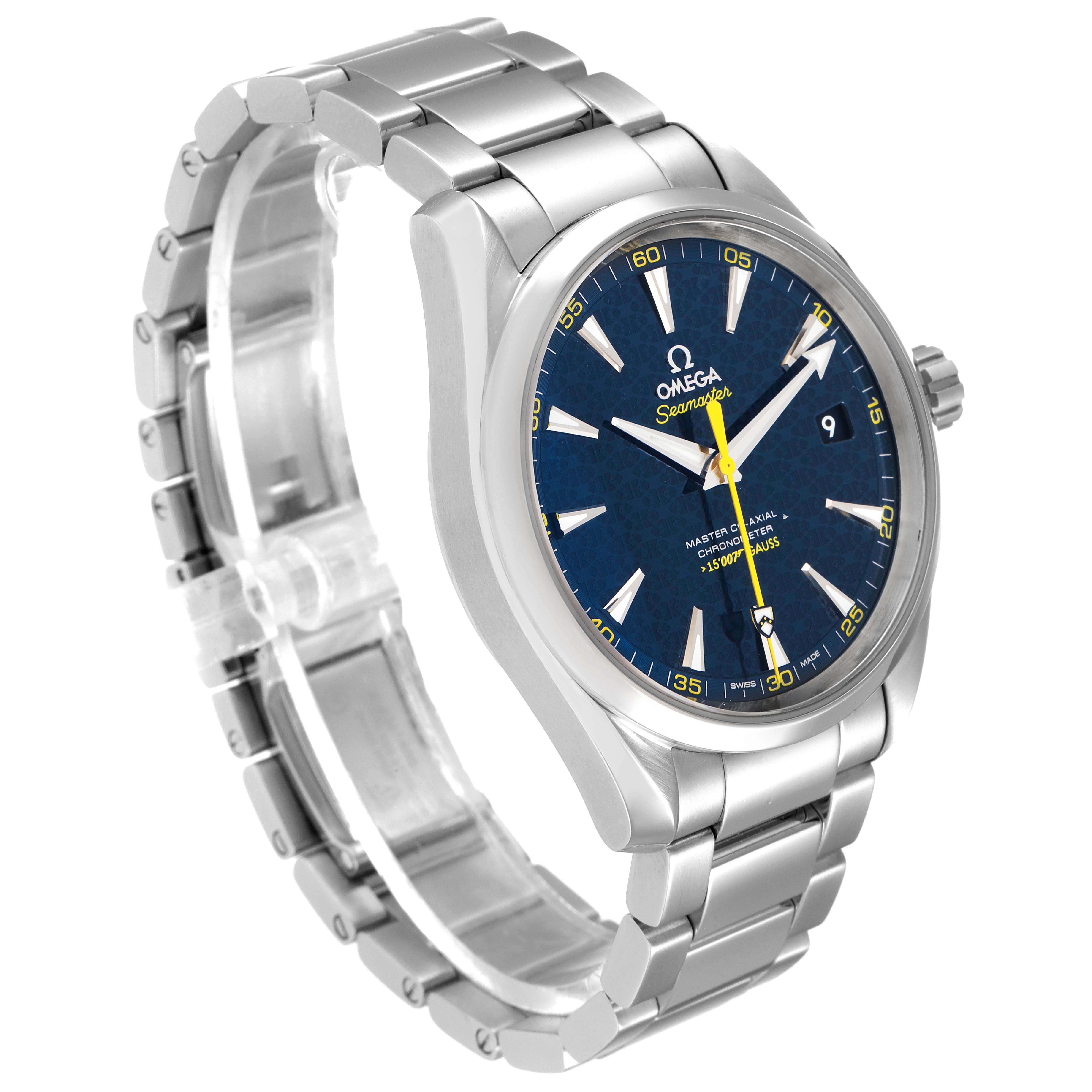 The image shows an Omega Aqua Terra 231.10.42.21.03.004 Men's Stainless Steel Blue Dial 231.10.42.21.03.004 Men's Stainless Steel Blue Dial watch from a front angle, highlighting its blue dial, silver bracelet, and date display at 3 o'clock.