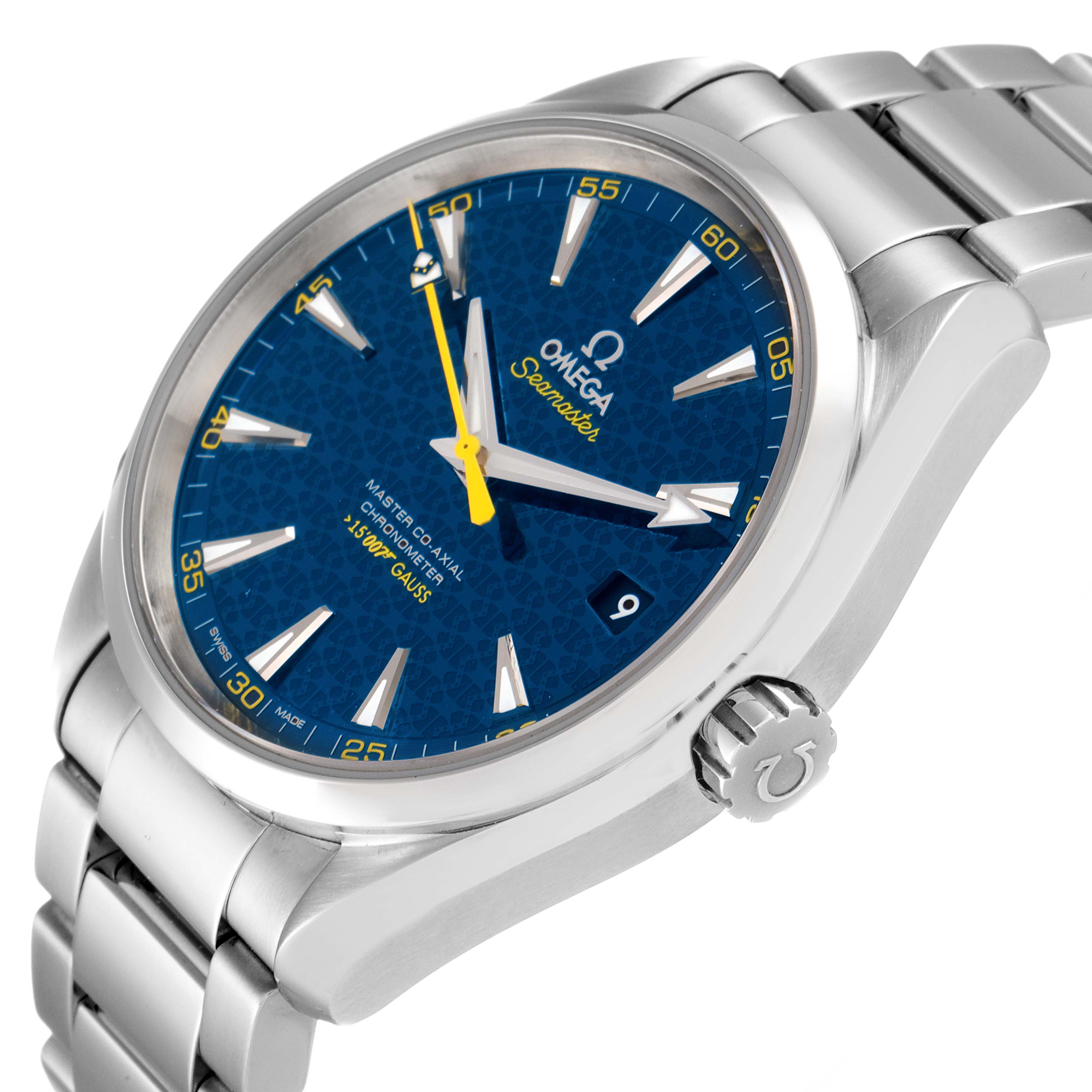 Angled view of the Omega Seamaster Aqua Terra watch, showing its blue dial, yellow accents, and stainless steel bracelet.