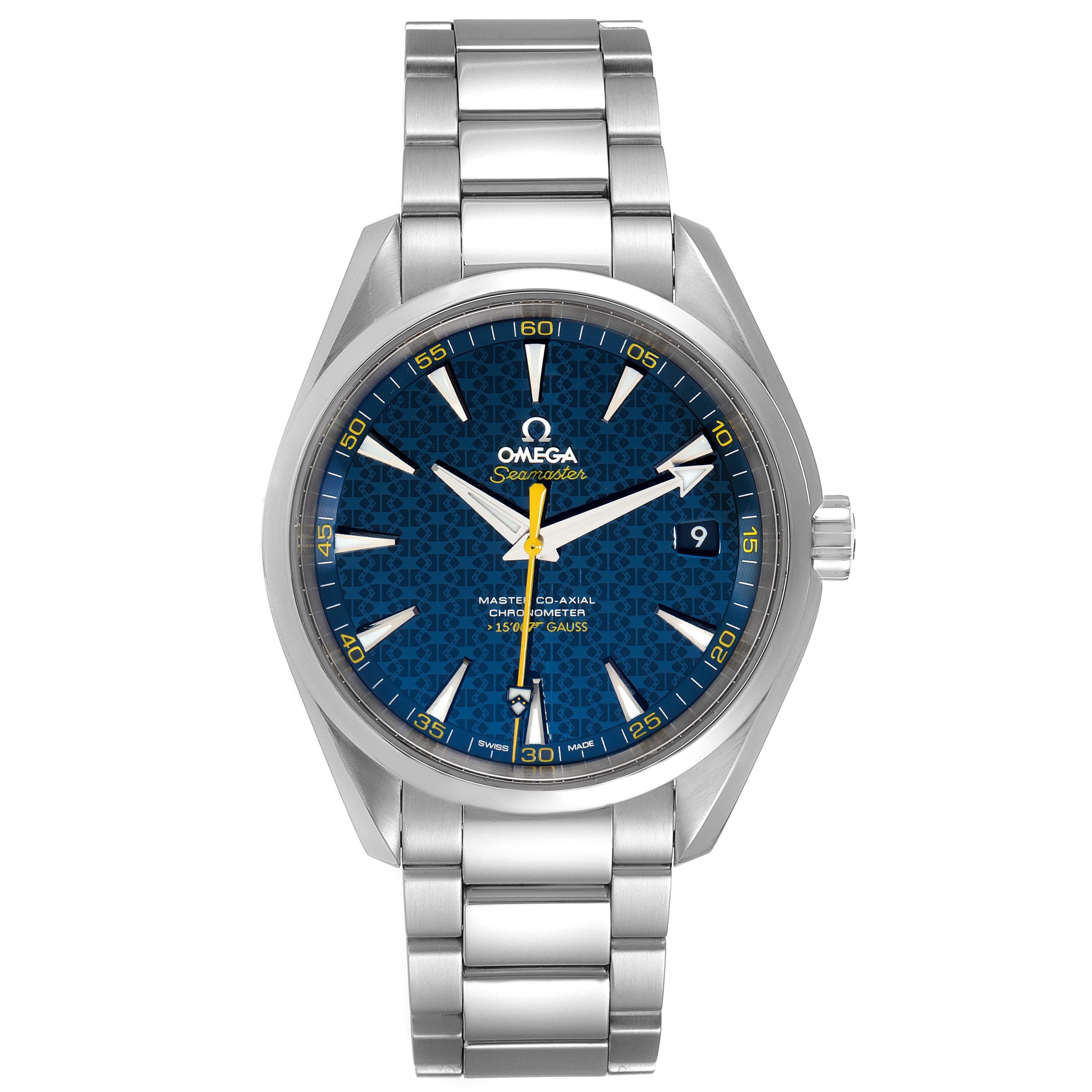 The image shows a front view of an Omega Seamaster Aqua Terra watch with a blue dial and stainless steel bracelet.
