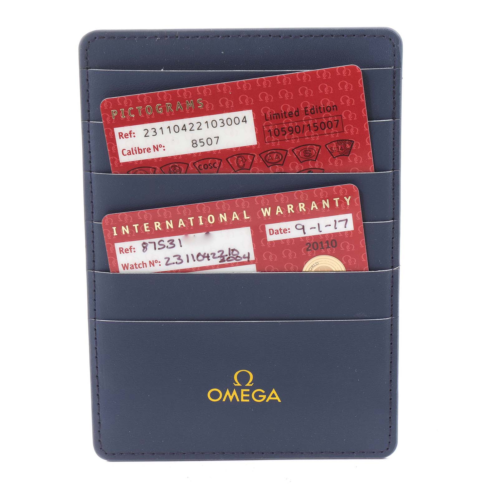 The image shows an Omega Aqua Terra 231.10.42.21.03.004 Men's Stainless Steel Blue Dial 231.10.42.21.03.004 Men's Stainless Steel Blue Dial cardholder with warranty and pictogram cards, viewed from the front.