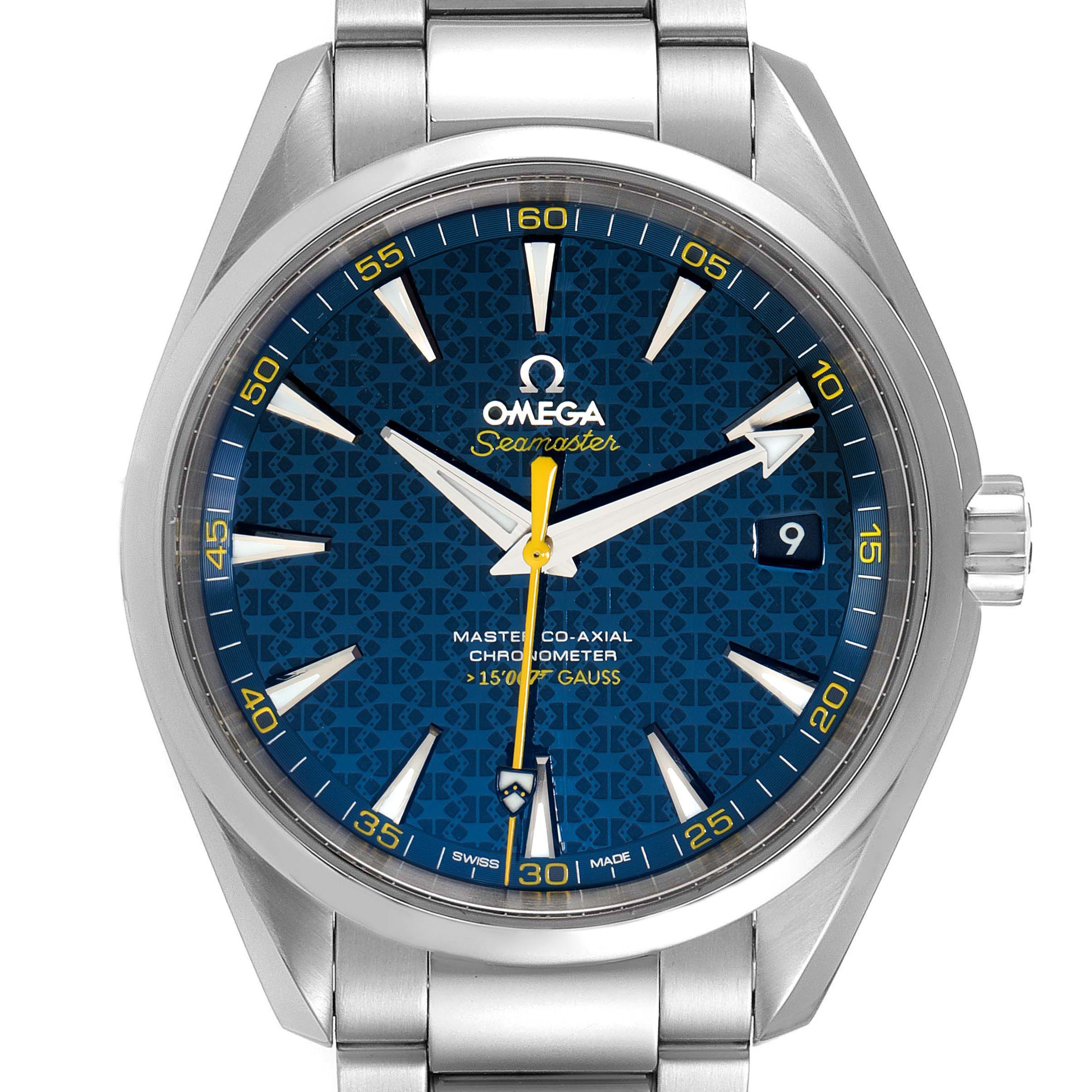 The image shows a front view of the Omega Aqua Terra 231.10.42.21.03.004 Men's Stainless Steel Blue Dial 231.10.42.21.03.004 Men's Stainless Steel Blue Dial model watch, highlighting its blue dial, yellow accents, and stainless steel bracelet.