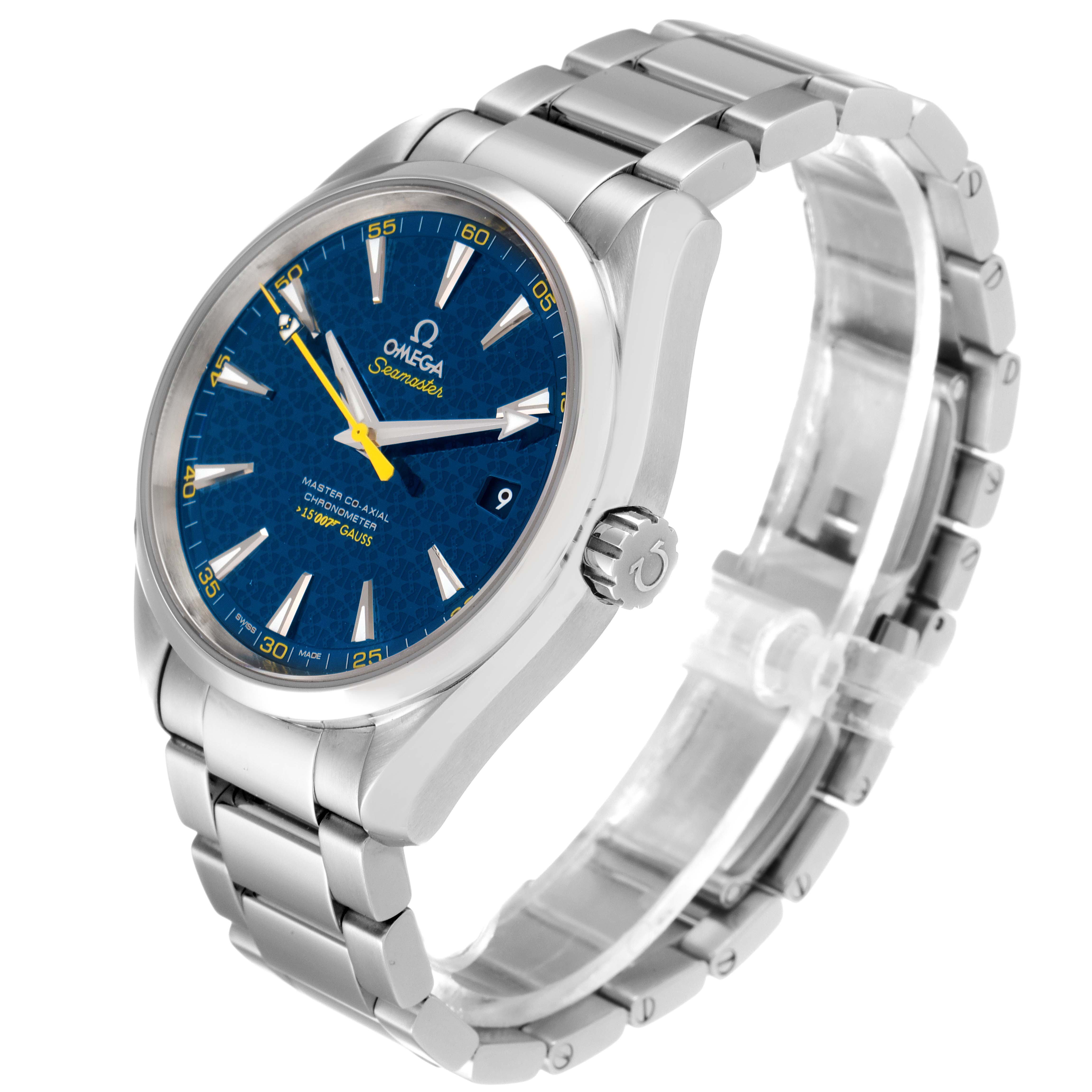 The Omega Aqua Terra 231.10.42.21.03.004 Men's Stainless Steel Blue Dial 231.10.42.21.03.004 Men's Stainless Steel Blue Dial watch is shown at an angle highlighting its face, bezel, crown, and bracelet.