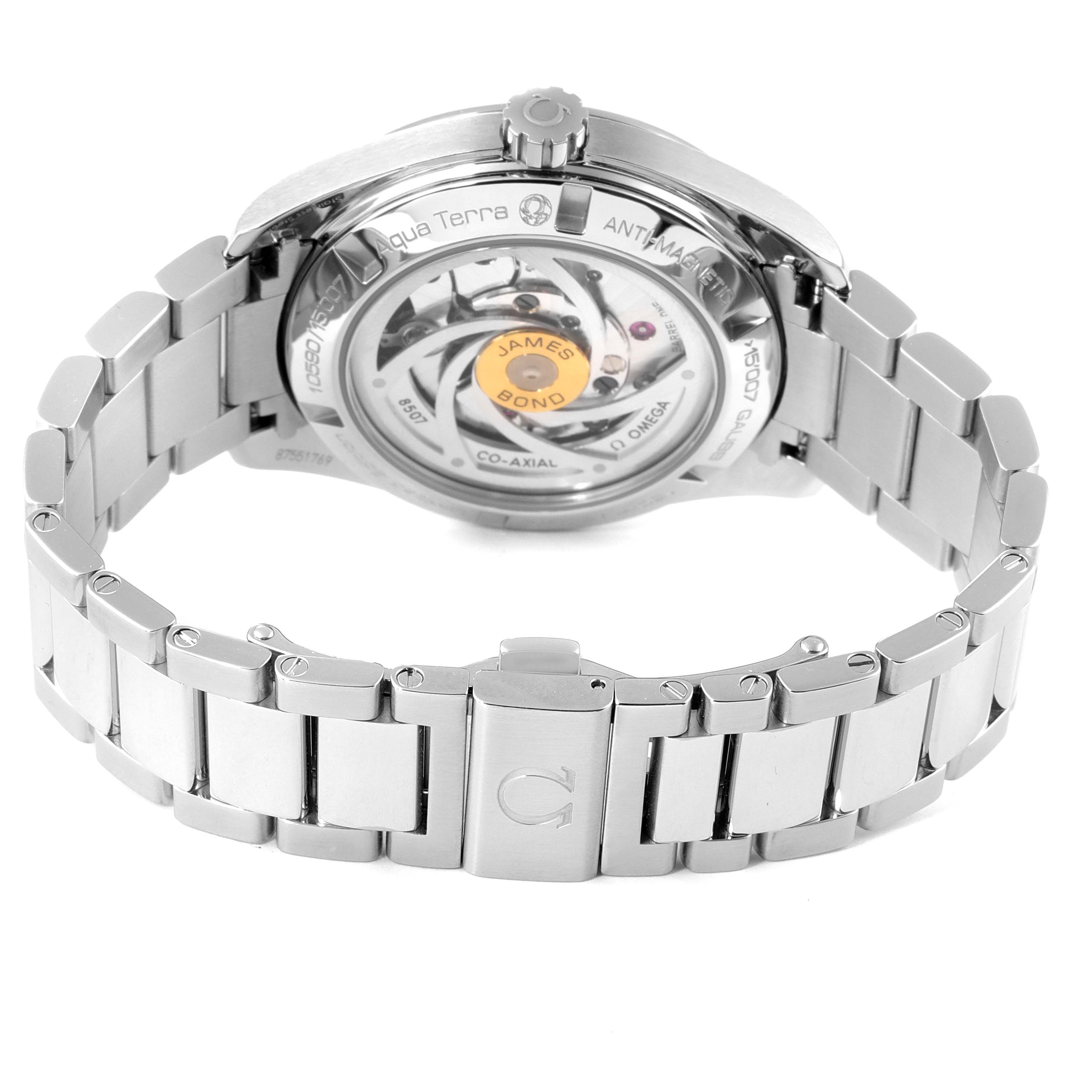 The image shows the back view of an Omega Aqua Terra 231.10.42.21.03.004 Men's Stainless Steel Blue Dial 231.10.42.21.03.004 Men's Stainless Steel Blue Dial watch, highlighting its automatic movement and stainless steel bracelet.